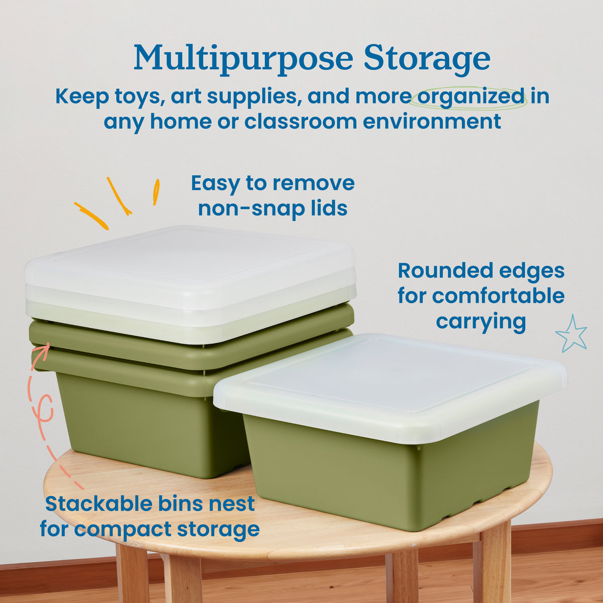 Stackable Square Bins with Non-Snap Lids, 4-Pack