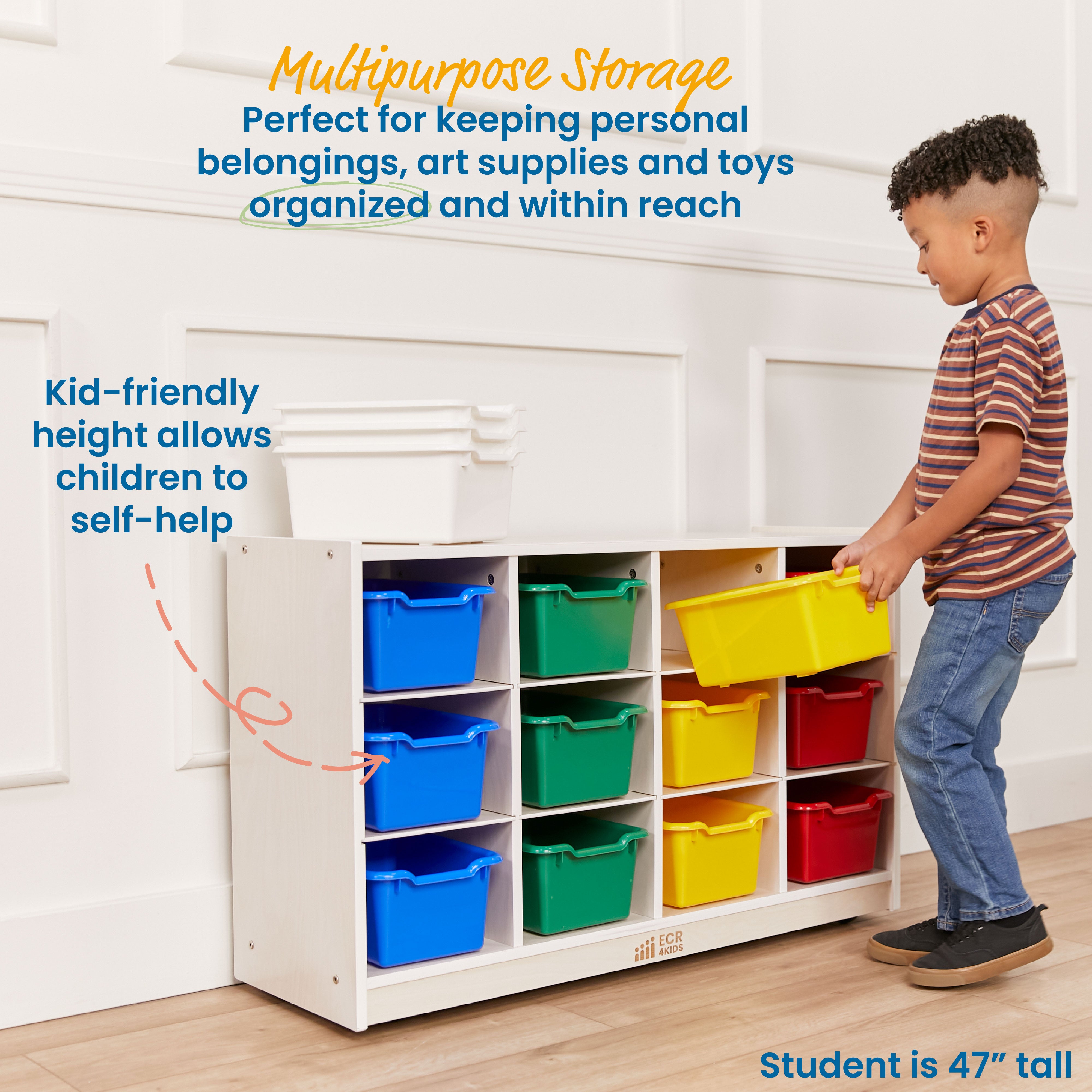 12 Cubby Mobile Tray Cabinet with 15 Scoop Front Storage Bins, 3x4, White Wash