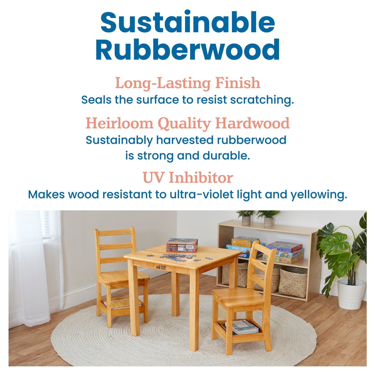 24in Square Hardwood Table and Two Chairs with Storage, 12in Seat Height, 3-Piece