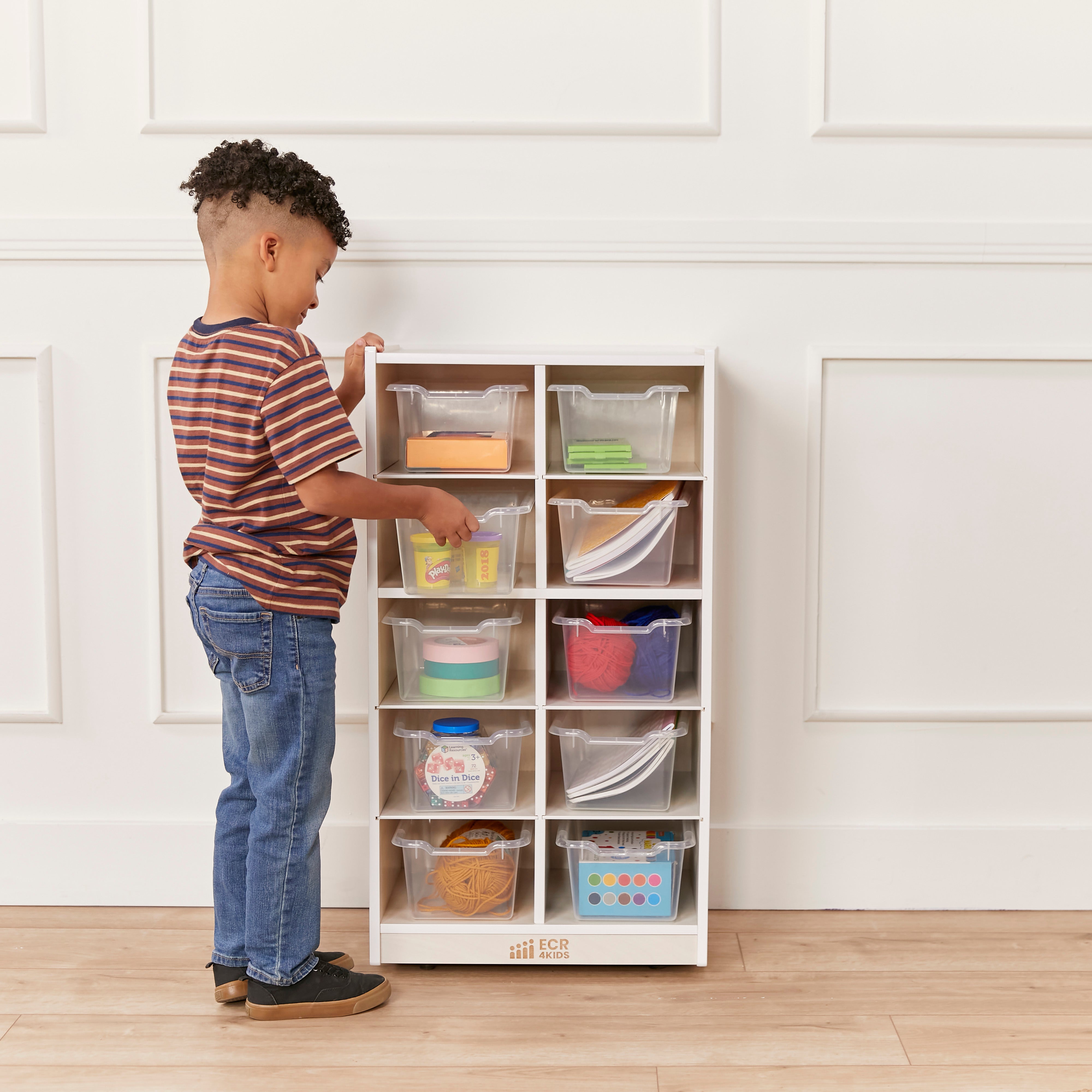 10 Cubby Mobile Tray Cabinet with 10 Scoop Front Storage Bins, 5x2, White Wash