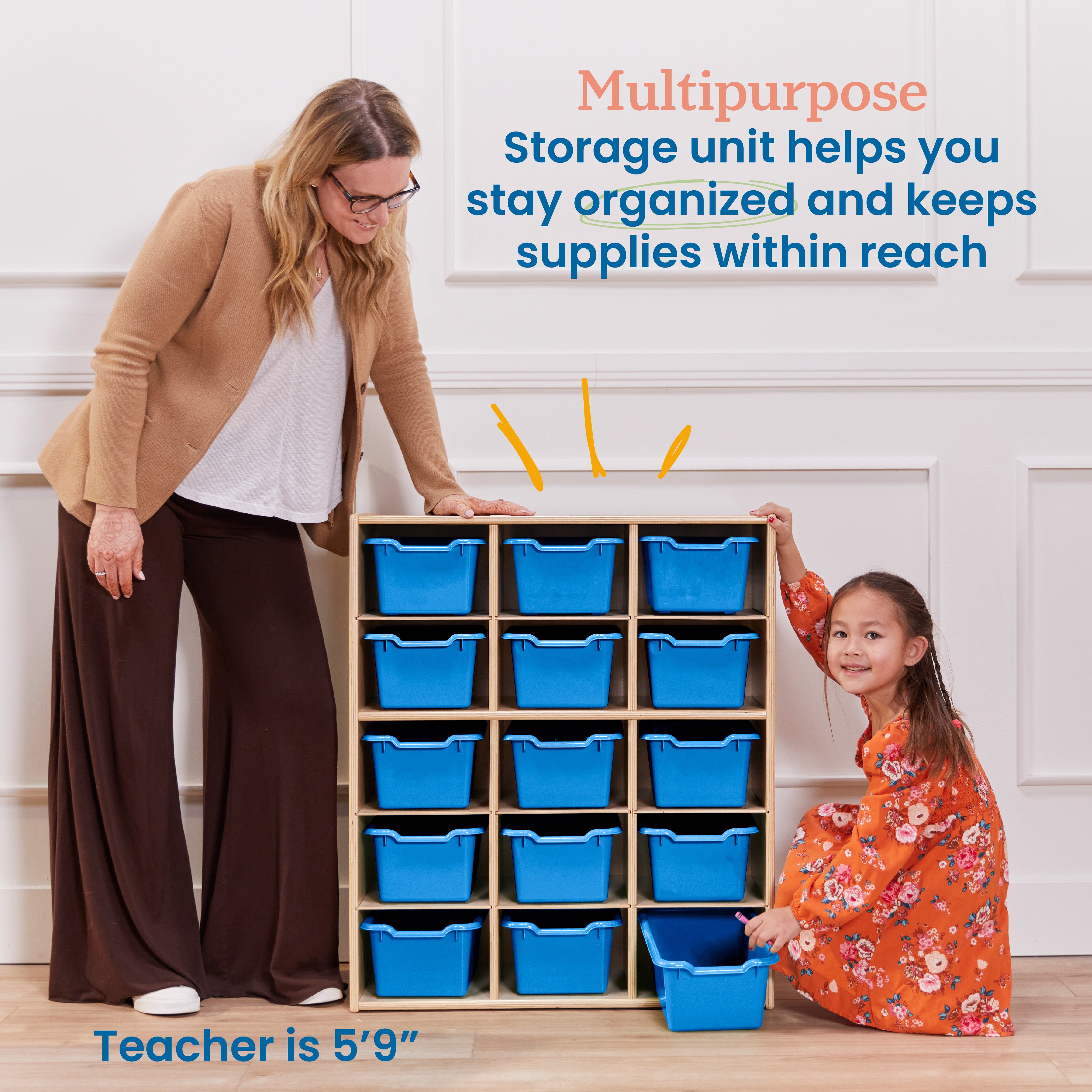 Streamline 15 Cubby Tray Cabinet with 15 Scoop Front Storage Bins, 5x3, Natural