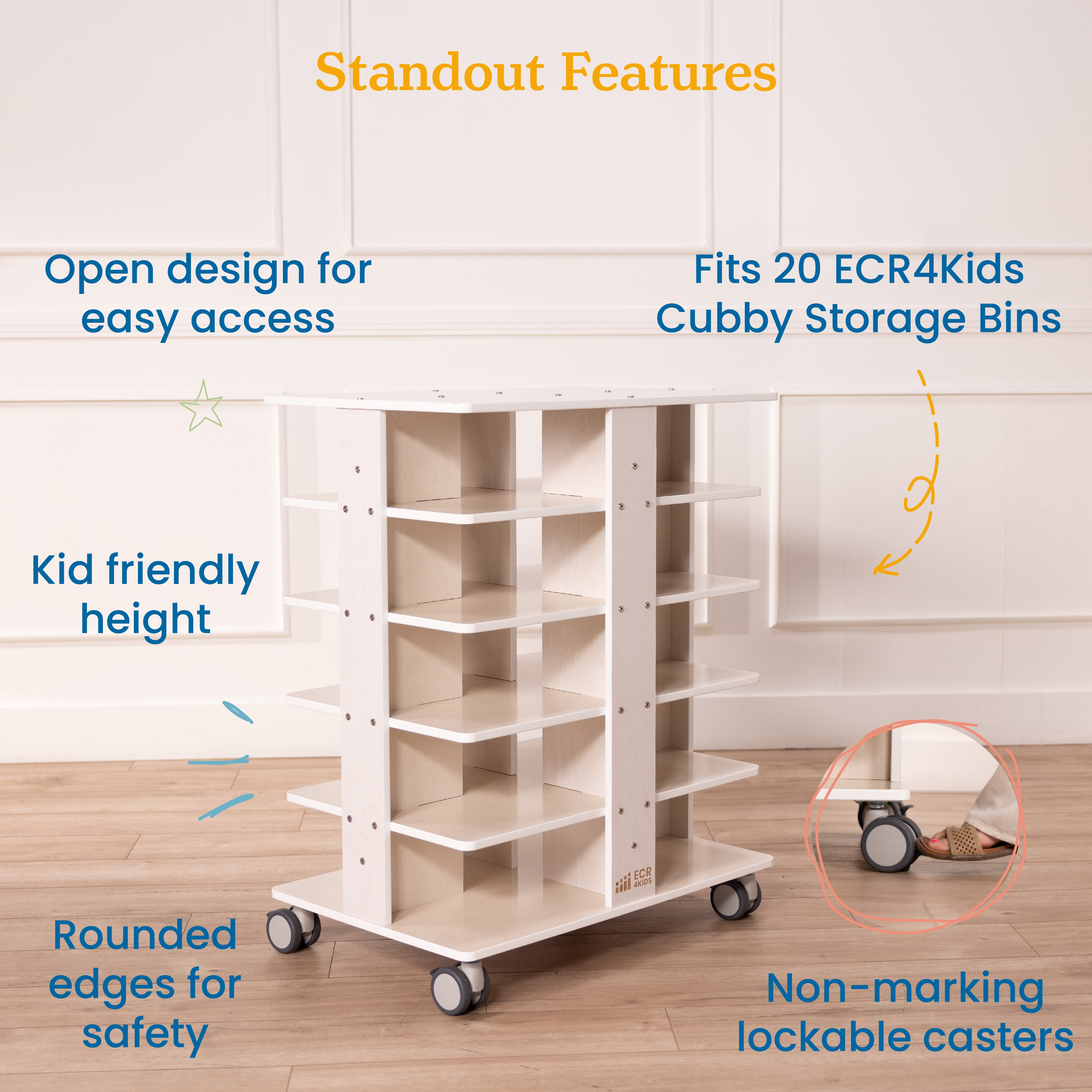 20-Compartment Mobile Storage Tower with Cubby Bins with Lids, 5x4, White Wash