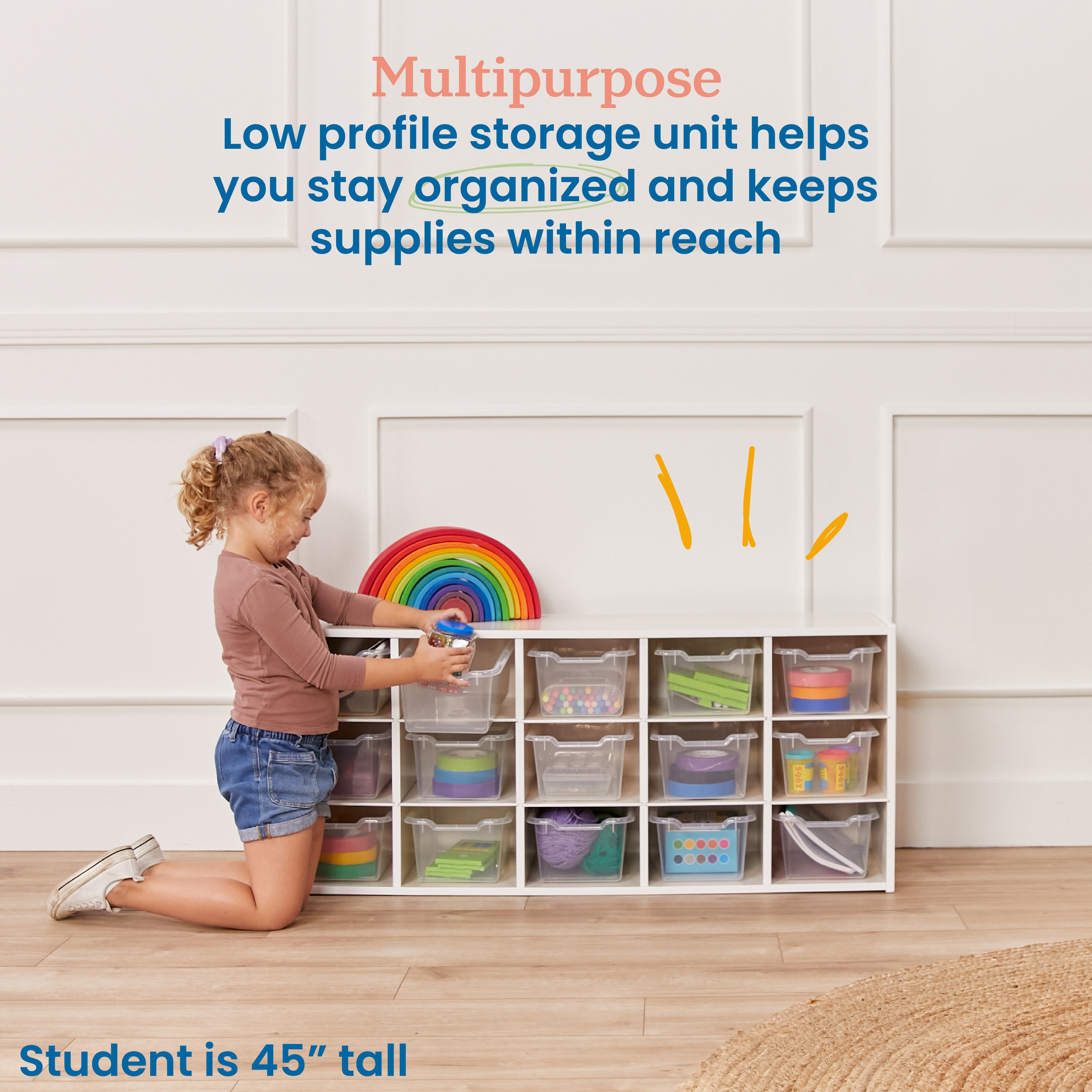 Streamline 15 Cubby Tray Cabinet with 15 Scoop Front Storage Bins, 3x5, White Wash