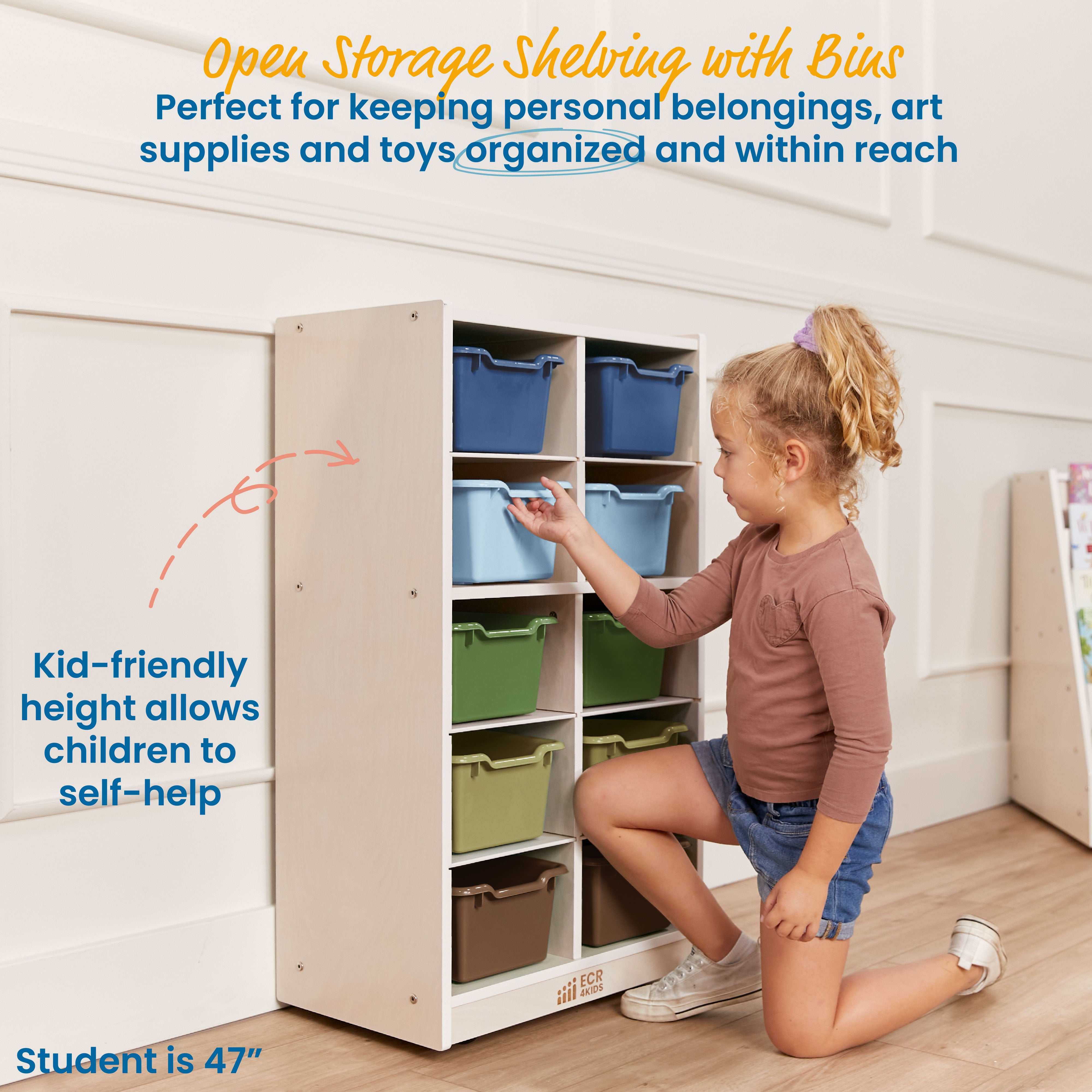 10 Cubby Mobile Tray Cabinet with 10 Scoop Front Storage Bins, 5x2, White Wash