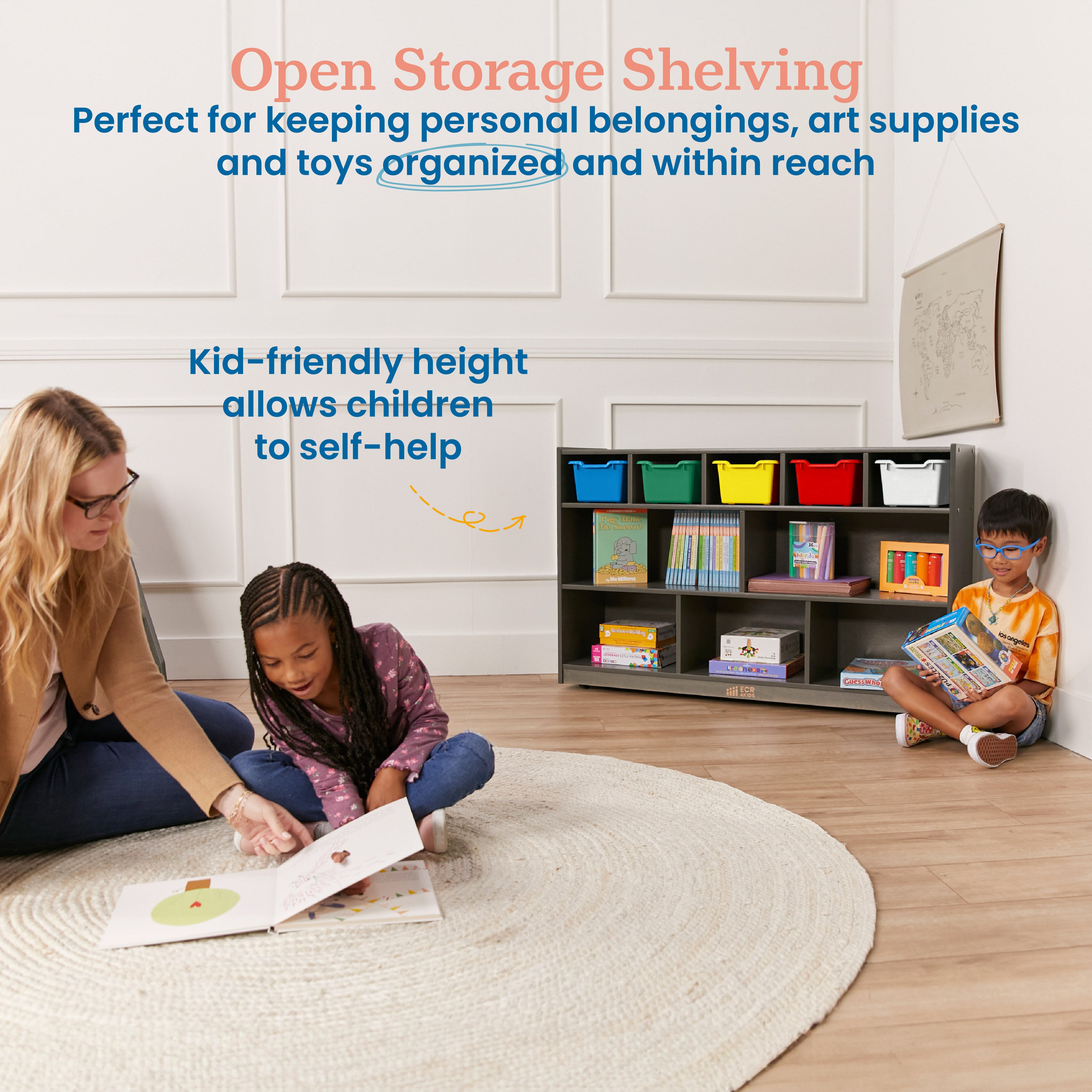 5+5 Mobile Storage and Tray Cabinet with 5 Scoop Front Bins, Grey Wash, Classroom Furniture