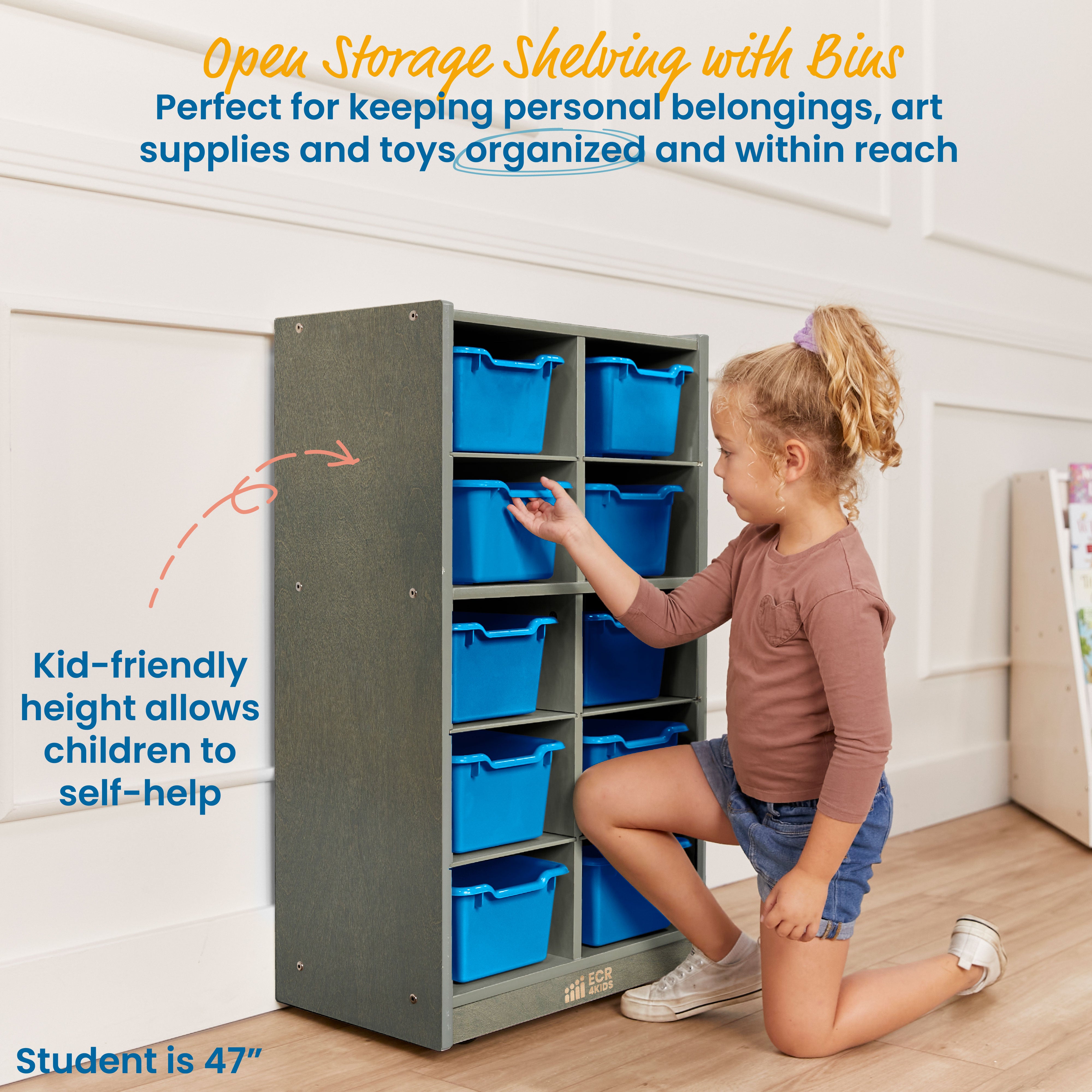 10 Cubby Mobile Tray Cabinet with 10 Scoop Front Storage Bins, 5x2, Grey Wash