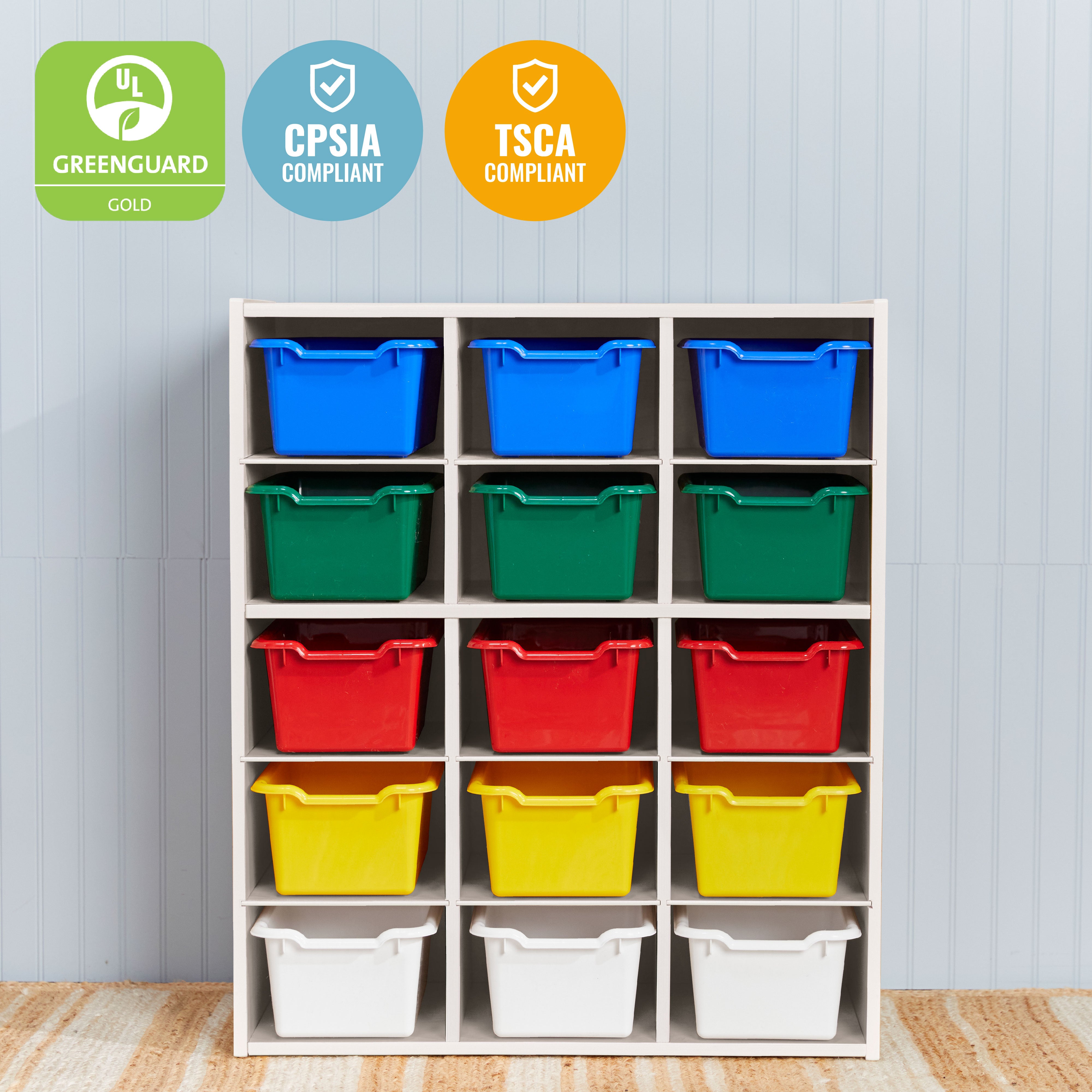Streamline 15 Cubby Tray Cabinet with 15 Scoop Front Storage Bins, 5x3, White Wash