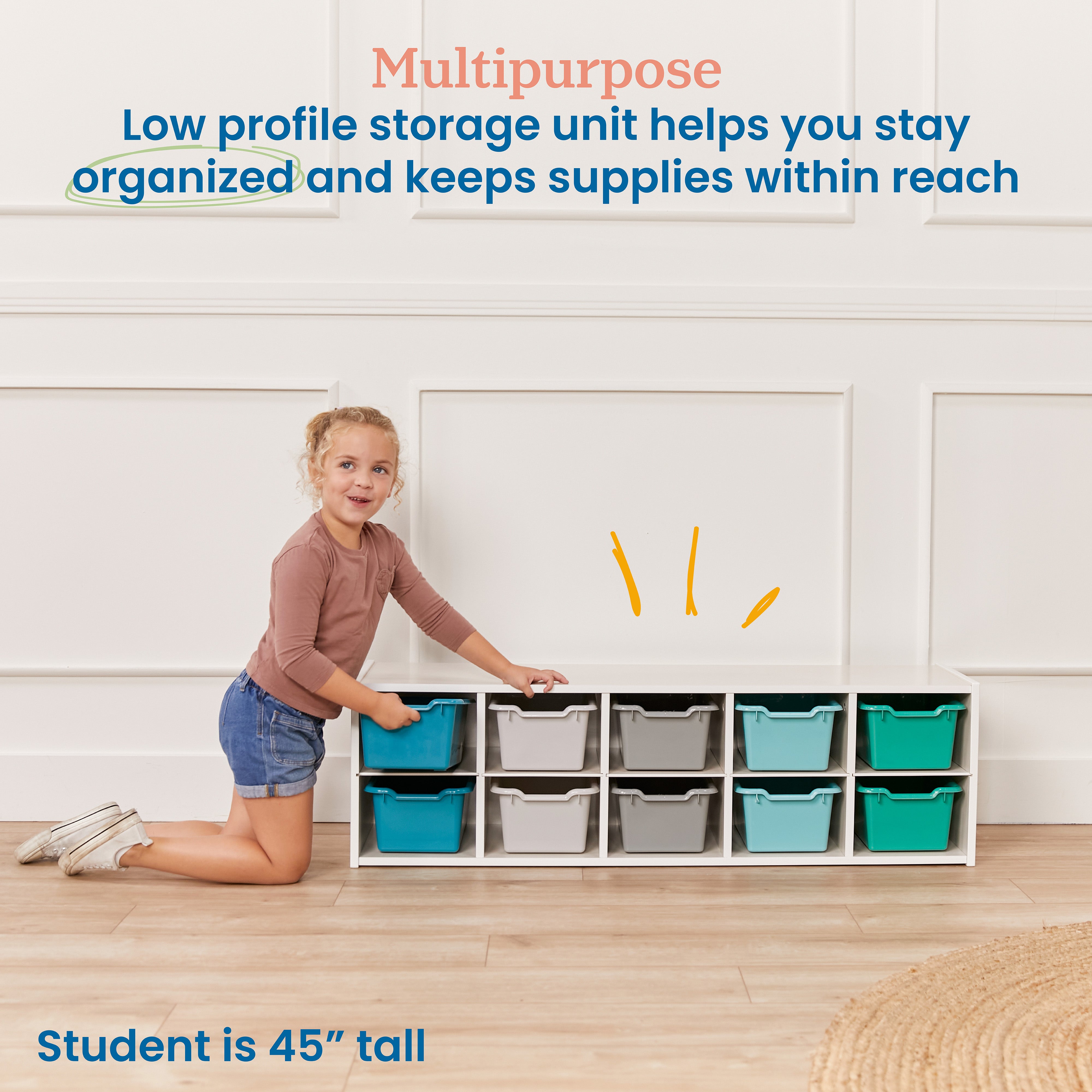 Streamline 10 Cubby Tray Cabinet with 10 Scoop Front Storage Bins, 2x5, White Wash