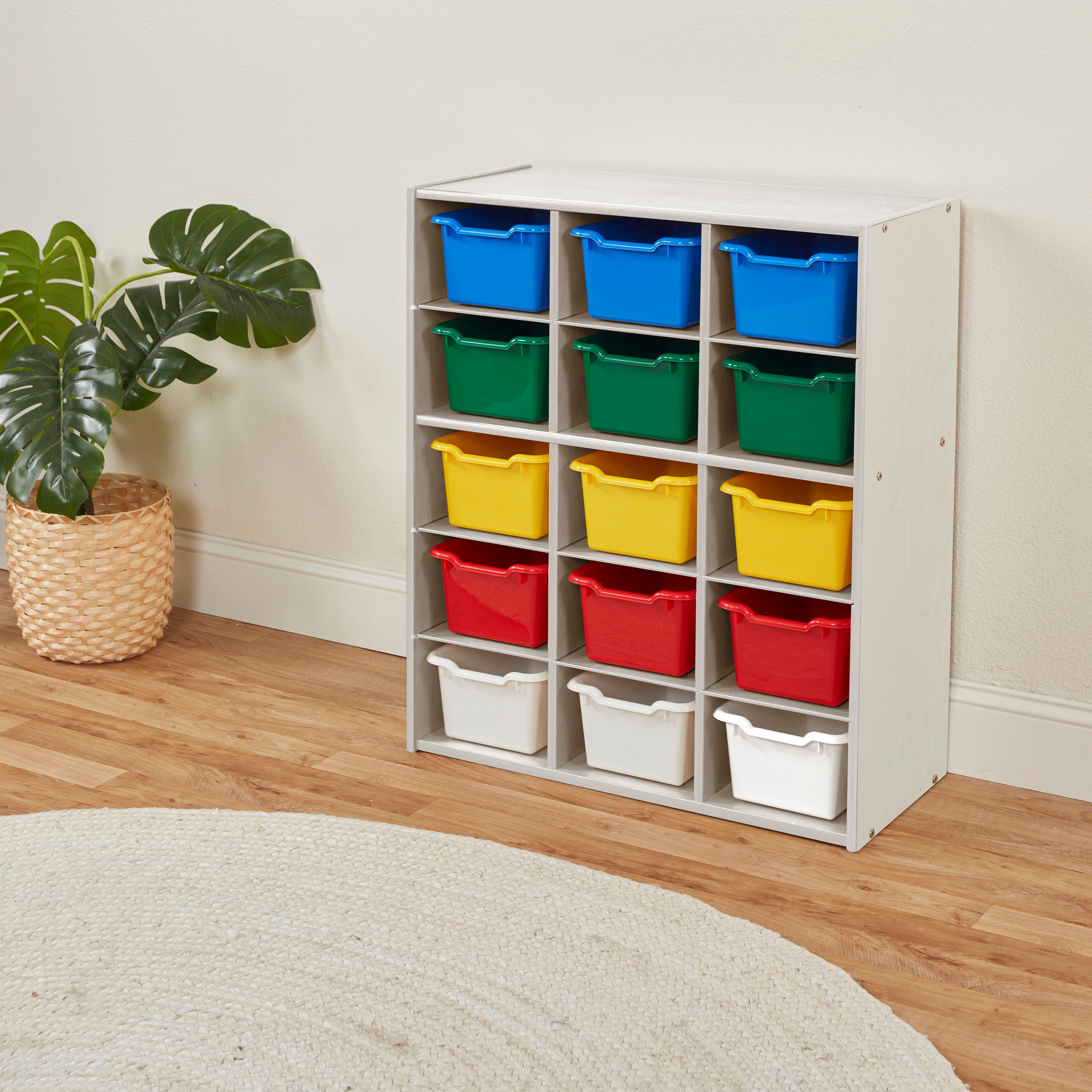 Streamline 15 Cubby Tray Cabinet with 15 Scoop Front Storage Bins, 5x3, White Wash