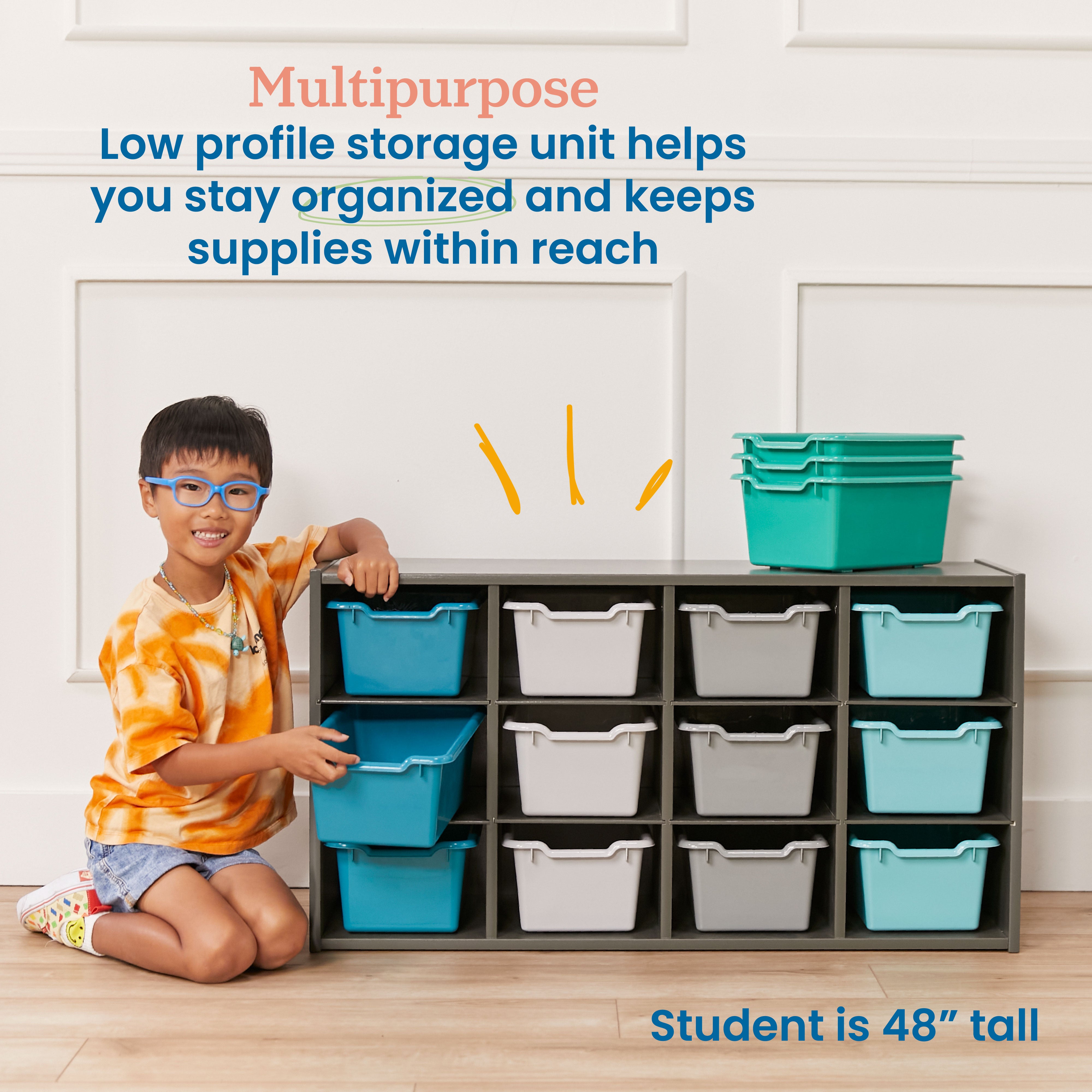 Streamline 12 Cubby Tray Cabinet with Scoop Front Storage Bins, 3x4, Grey Wash, Classroom Furniture