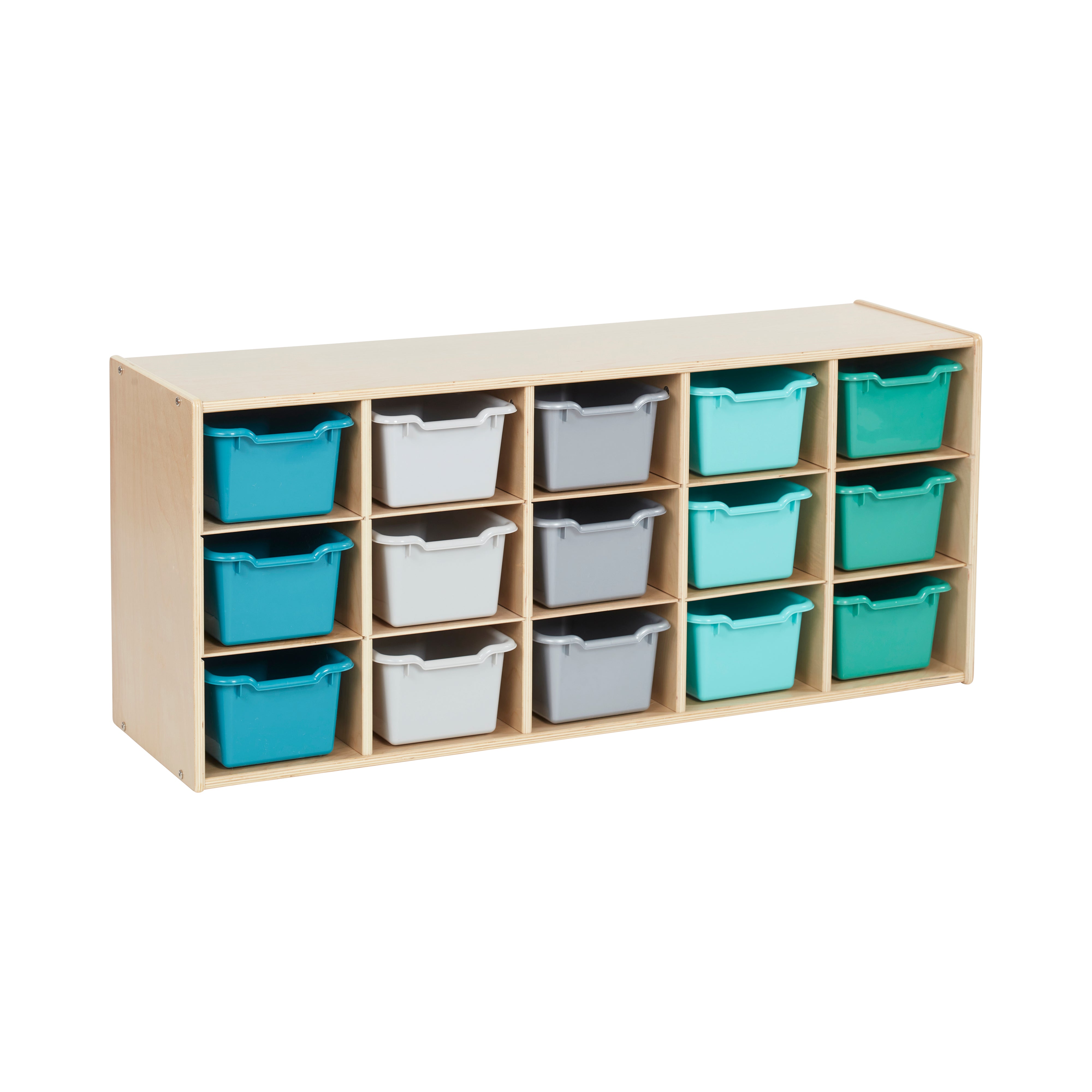 Streamline 15 Cubby Tray Cabinet with 15 Scoop Front Storage Bins, 3x5, Natural