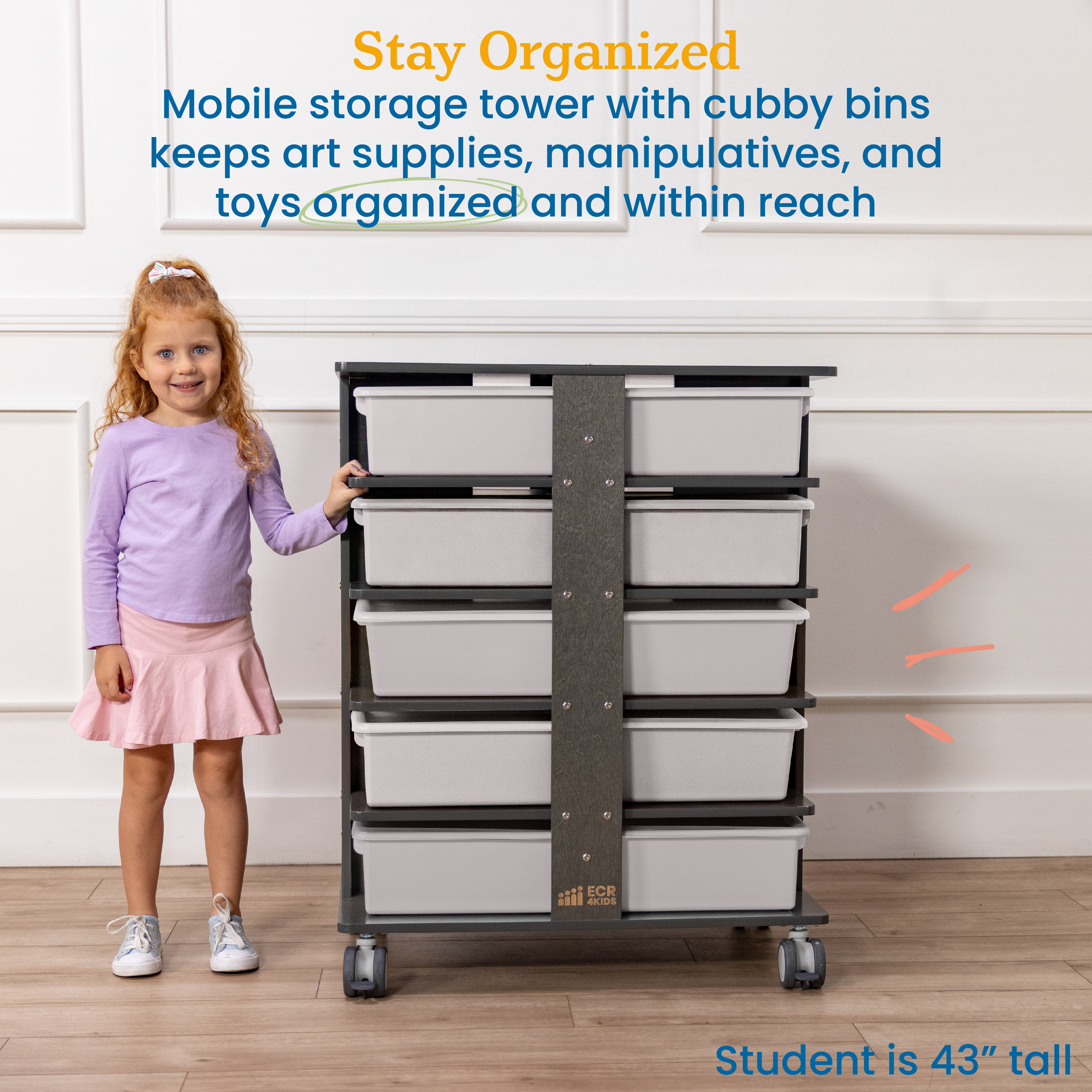 20-Compartment Mobile Storage Tower with Cubby Bins with Lids, 5x4, Grey Wash, Classroom Furniture