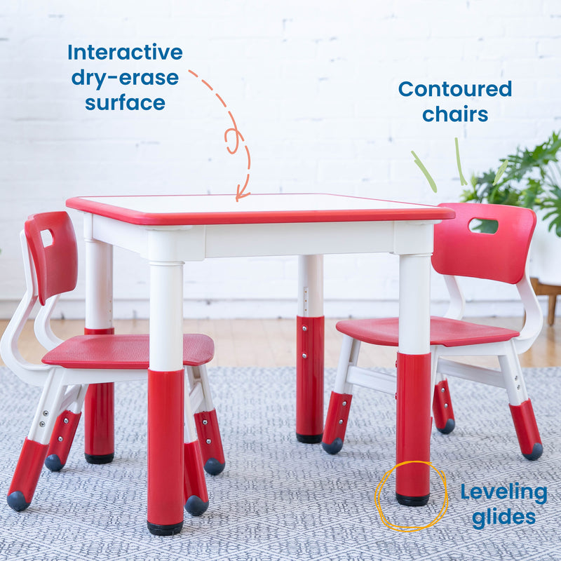 Square Dry-Erase Activity Table and 2 Adjustable Height Plastic Chairs, 3-Piece