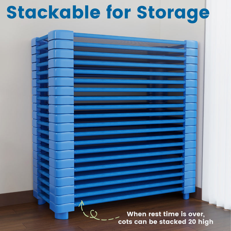 Stackable Kiddie Cot, Ready-to-Assemble, Standard Size, Classroom Furniture, Blue, 6-Pack