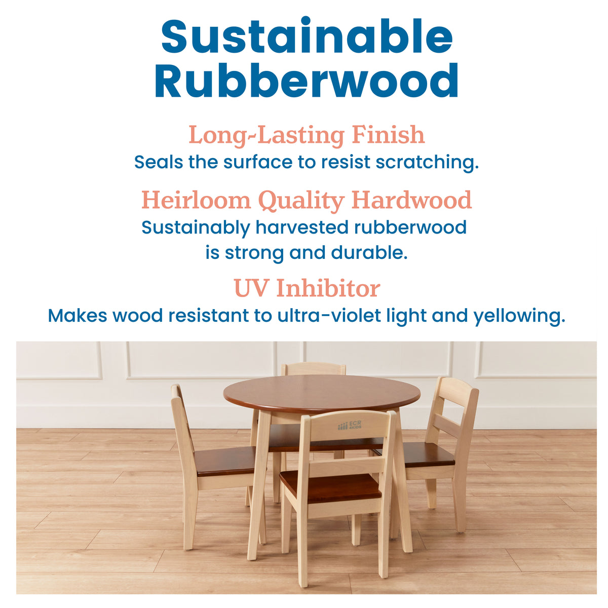 Five-piece wooden table and chair set with round dark top, light natural wood base, and four matching chairs with storage com