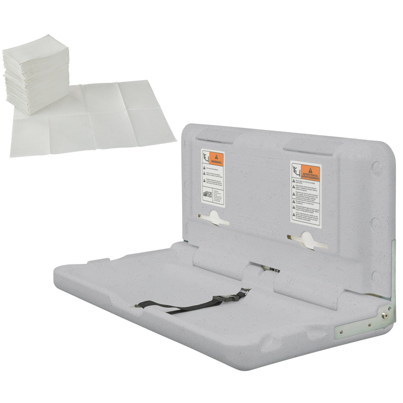 Horizontal Wall-Mounted Changing Station, Fold-Down Table, Safety Strap, Liner Dispensers, Bag Hooks