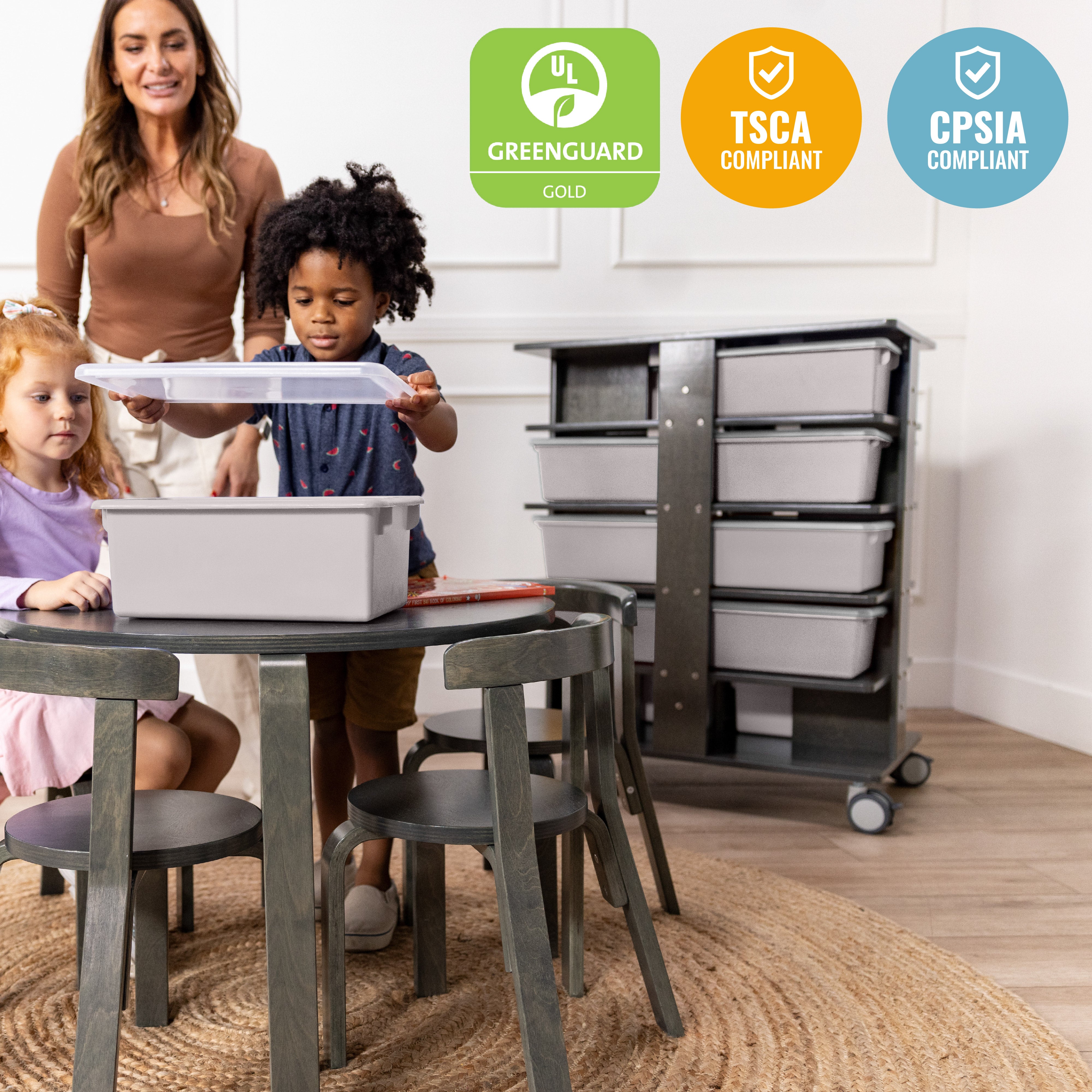 20-Compartment Mobile Storage Tower with Cubby Bins with Lids, 5x4, Grey Wash, Classroom Furniture