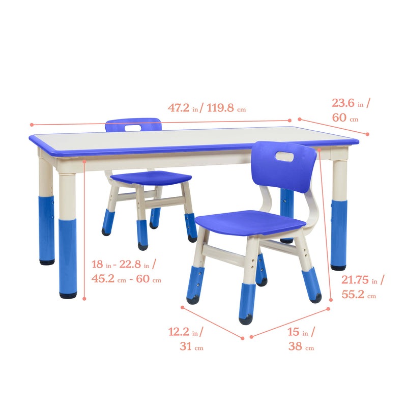 Rectangle Dry-Erase Activity Table and 2 Adjustable Height Plastic Chairs, 3-Piece
