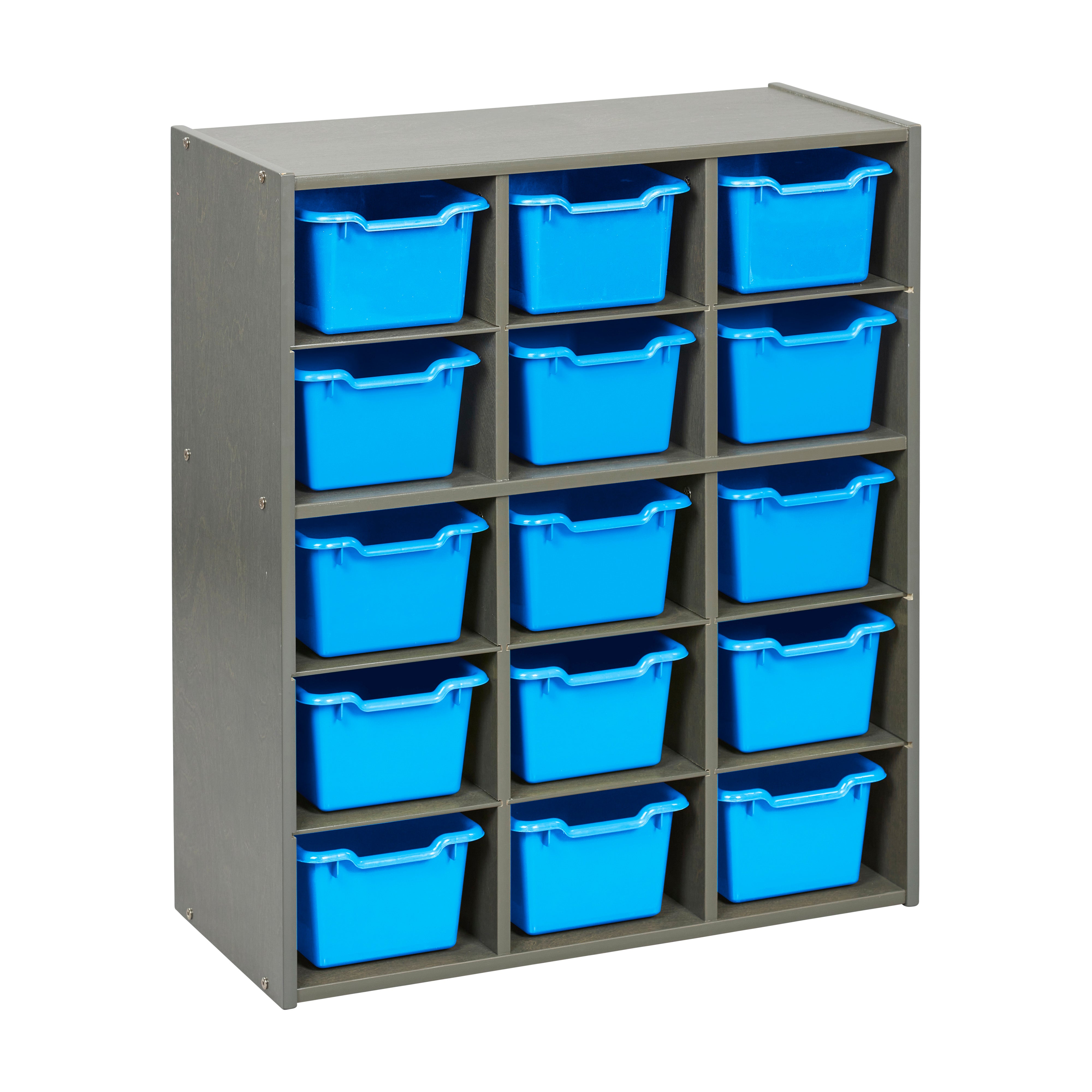 Streamline 15 Cubby Tray Cabinet with 15 Scoop Front Storage Bins, 5x3, Grey Wash