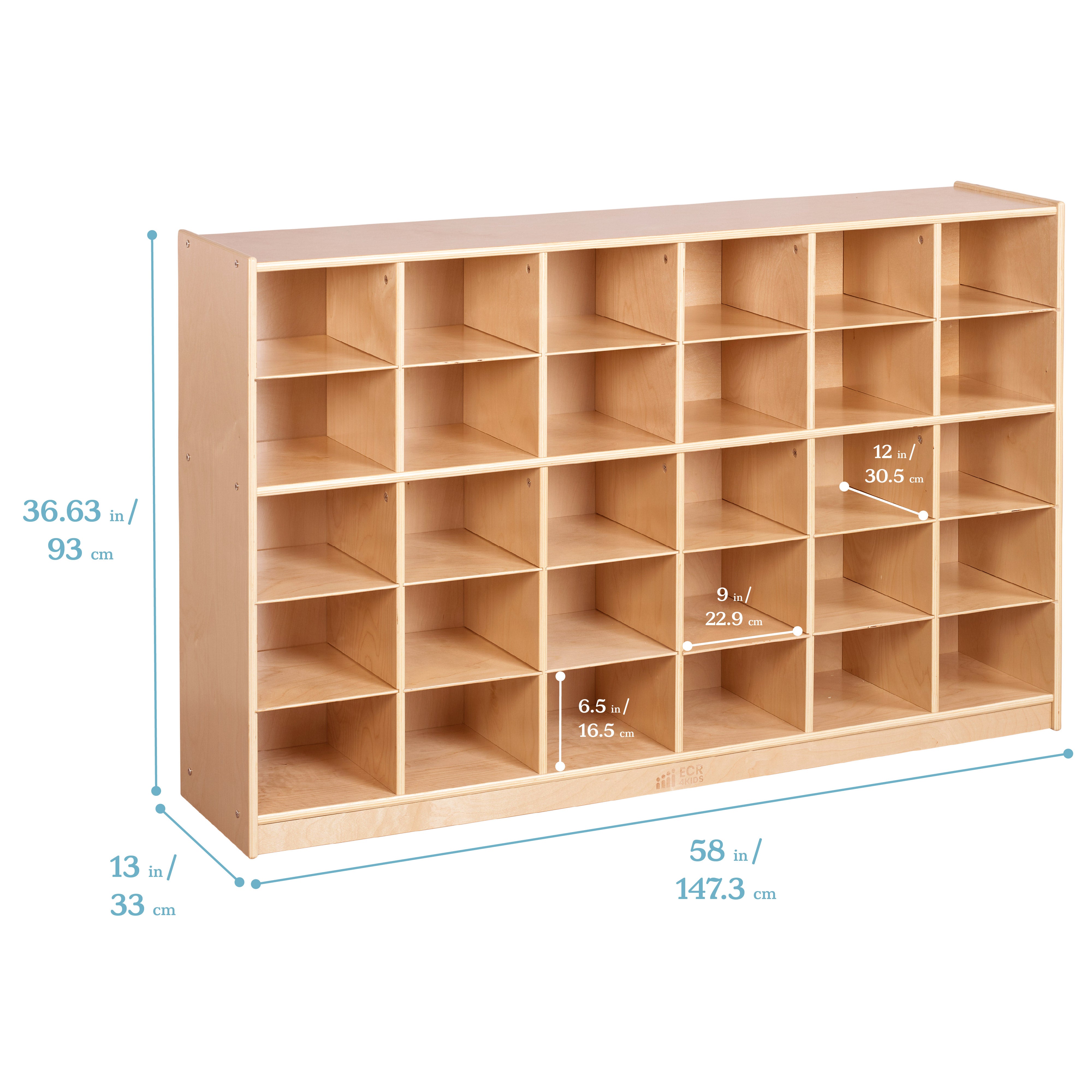 30 Cubby Mobile Tray Cabinet with 30 Scoop Front Storage Bins, 5x6, Natural
