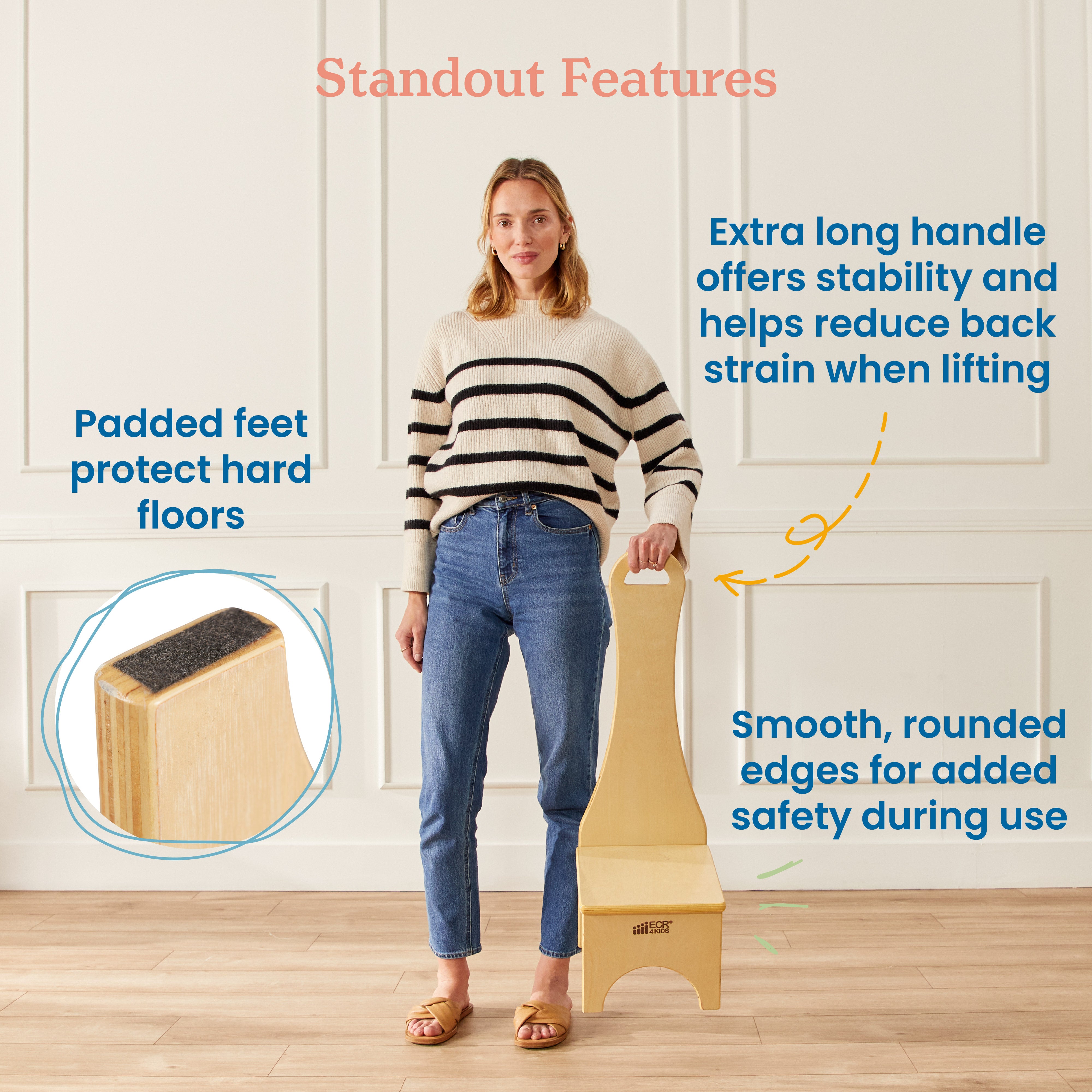 Stepstool with Long Handle, One Step, Natural