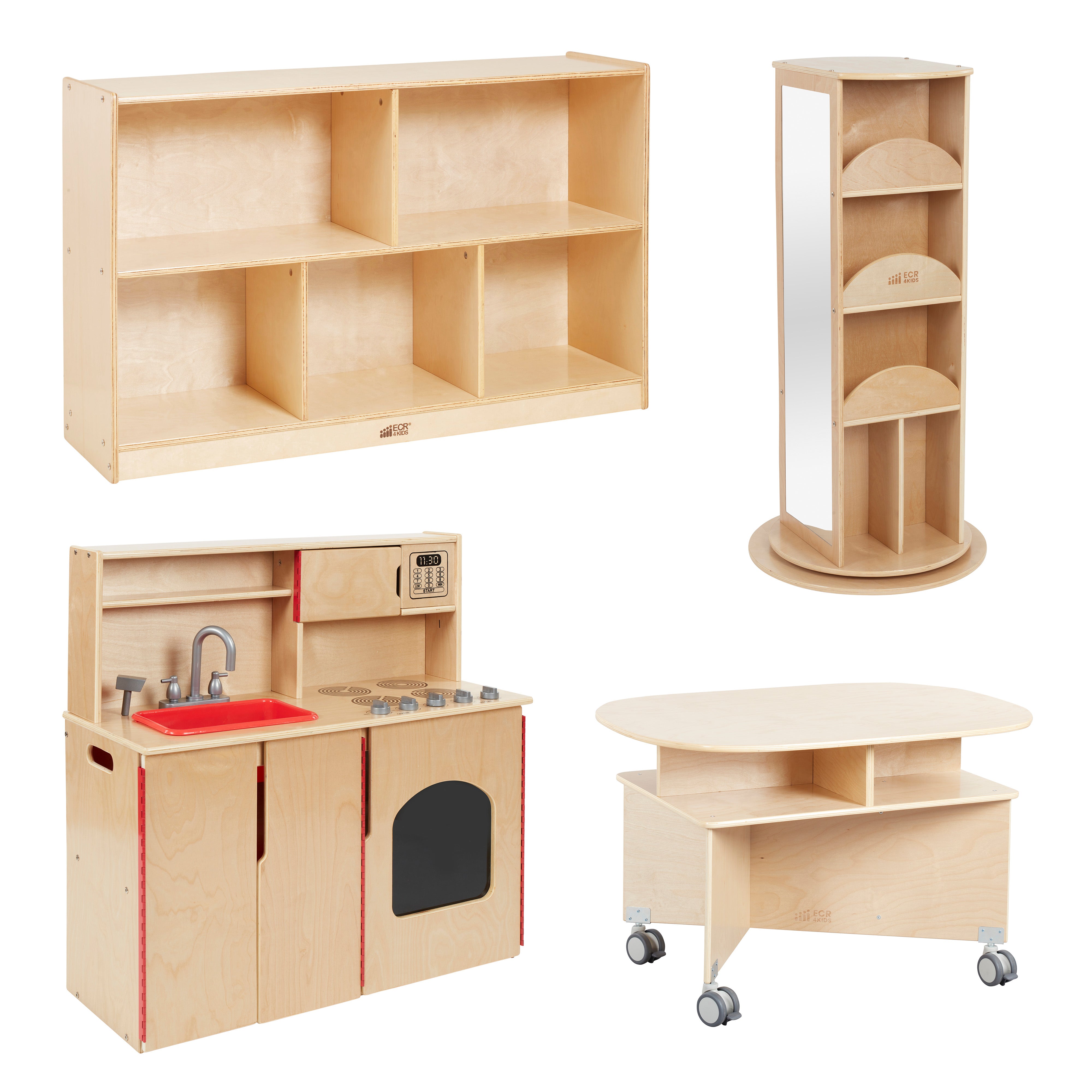 Preschool Dramatic Play Center with Play Kitchen, Dress Up Carousel, Storage Cabinet and Collaboration Table