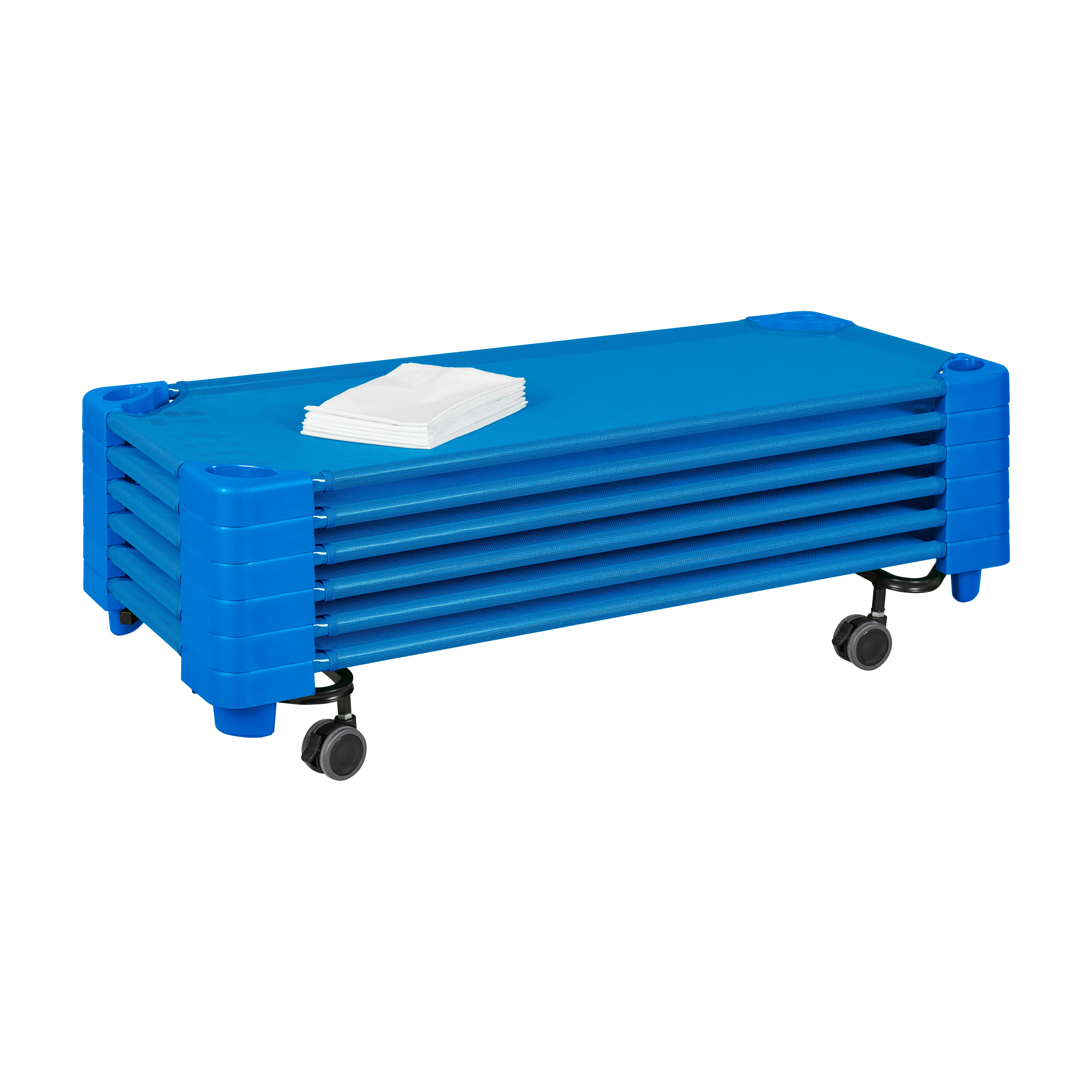 Stackable Kiddie Cots and Sheets with Universal Cot Trolley, Standard Size, Ready-to-Assemble, 6-Pack
