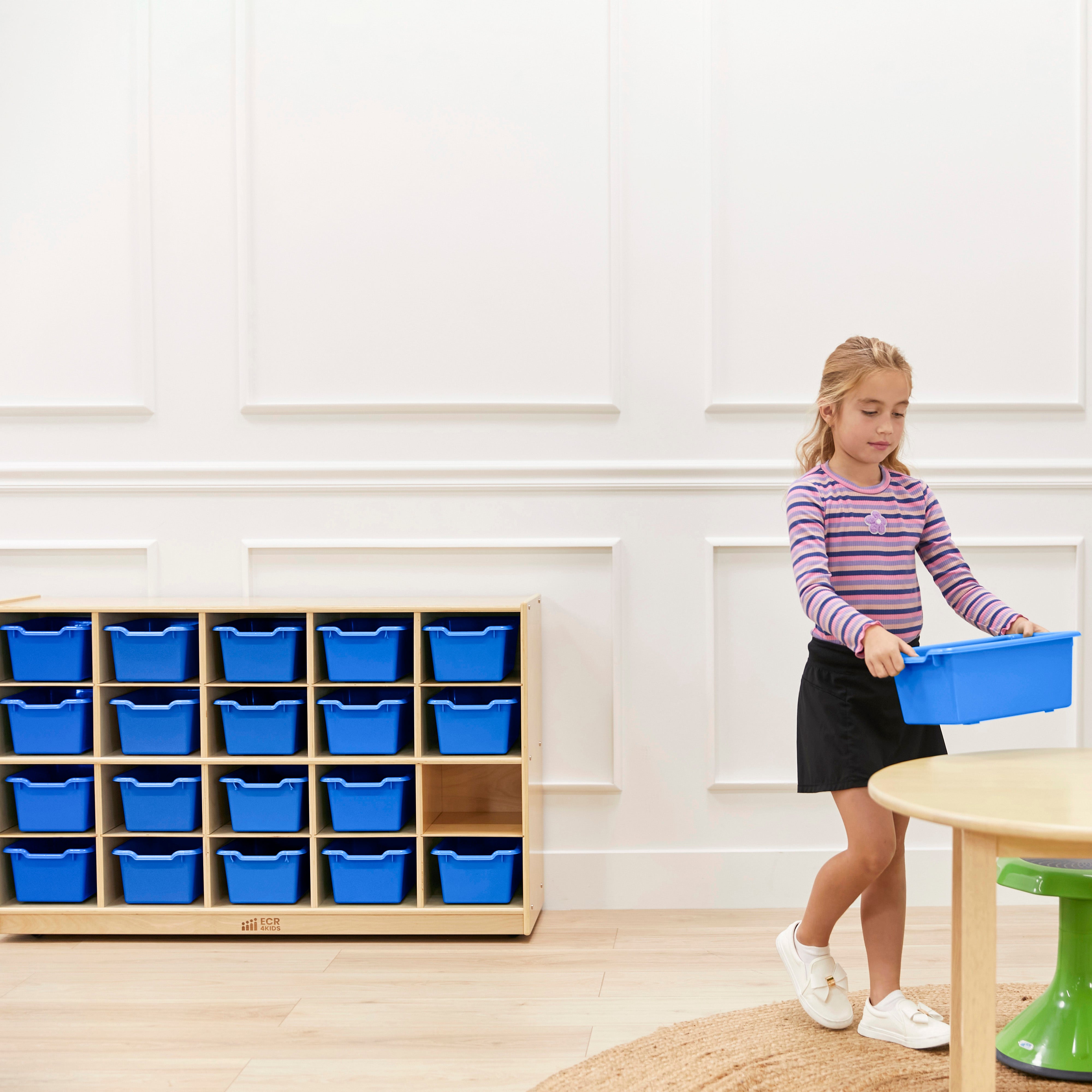 20 Cubby Tray Cabinet with Scoop Front Storage Bins, Classroom Furniture
