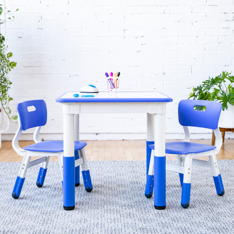 Square Dry-Erase Activity Table and 2 Adjustable Height Plastic Chairs, 3-Piece