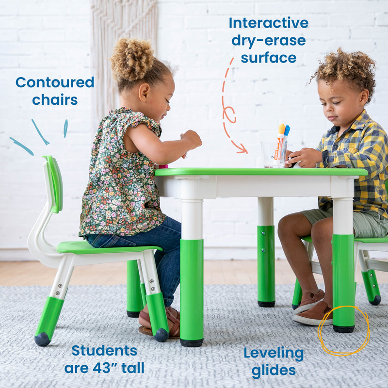 Square Dry-Erase Activity Table and 2 Adjustable Height Plastic Chairs, 3-Piece