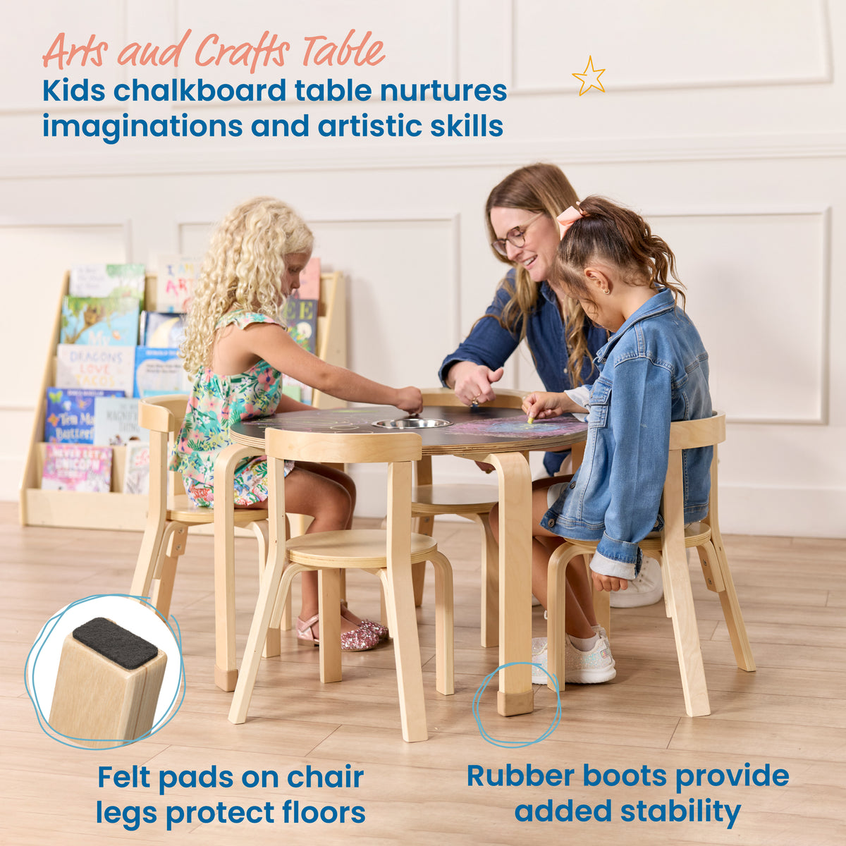 Round Bentwood Chalkboard Table and Curved Back Chair Set, 5-Piece