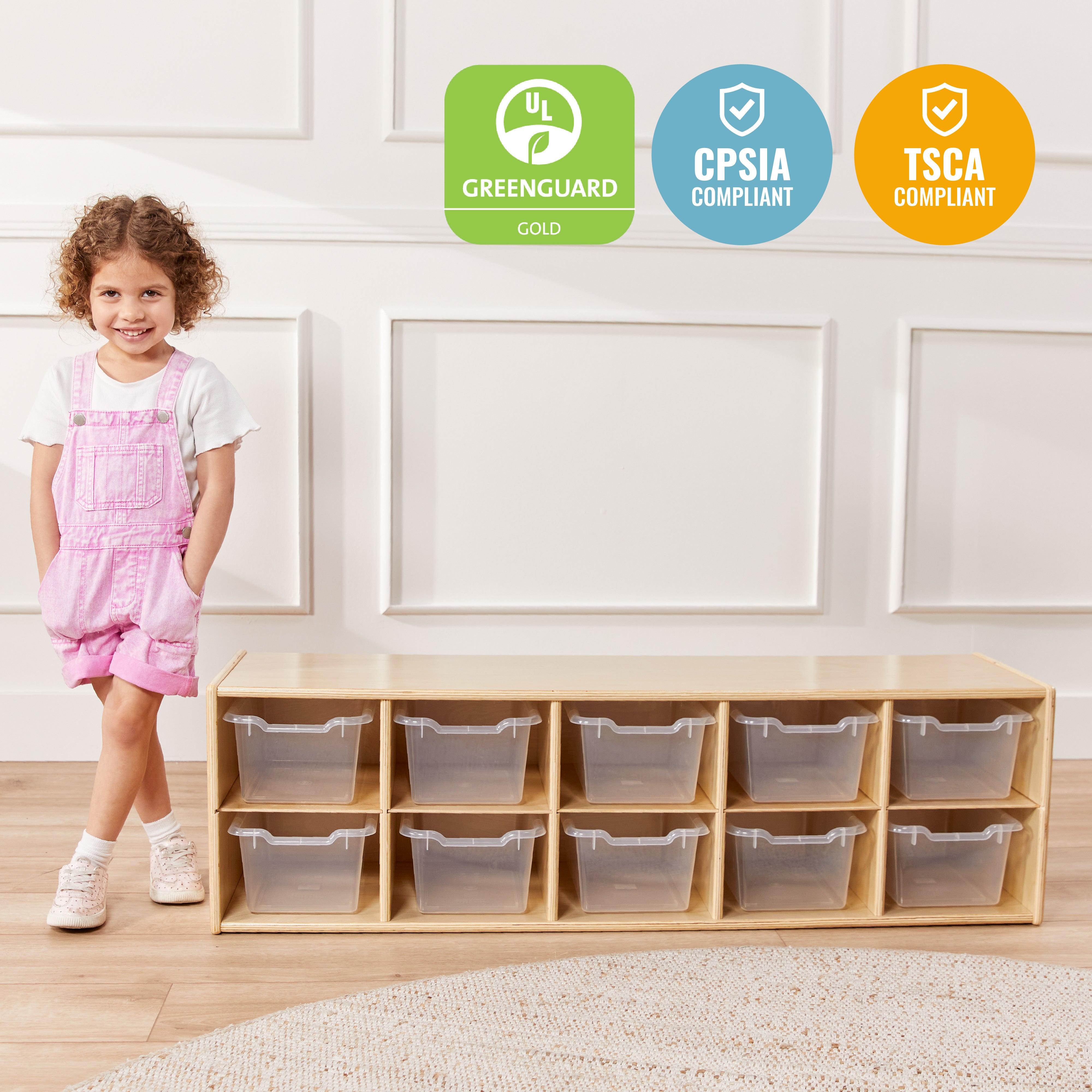 Streamline 10 Cubby Tray Cabinet with 10 Scoop Front Storage Bins, 2x5, Natural