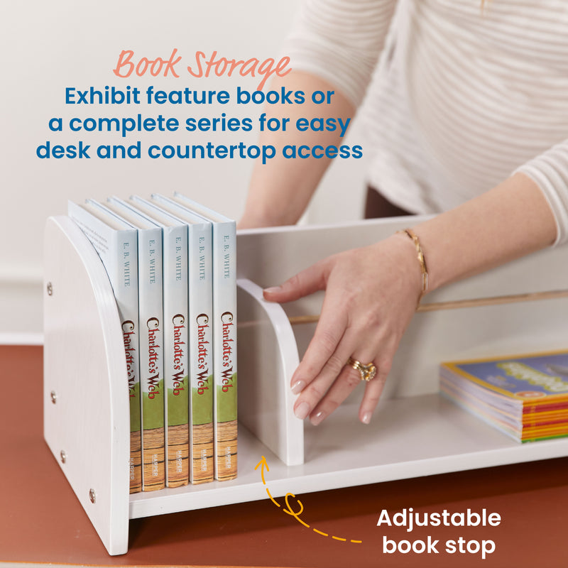 Tabletop Book Display, Library Storage Organizer with Adjustable Book Stop