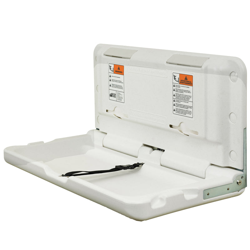 Horizontal Wall-Mounted Changing Station, Fold-Down Table, Safety Strap, Liner Dispensers, Bag Hooks