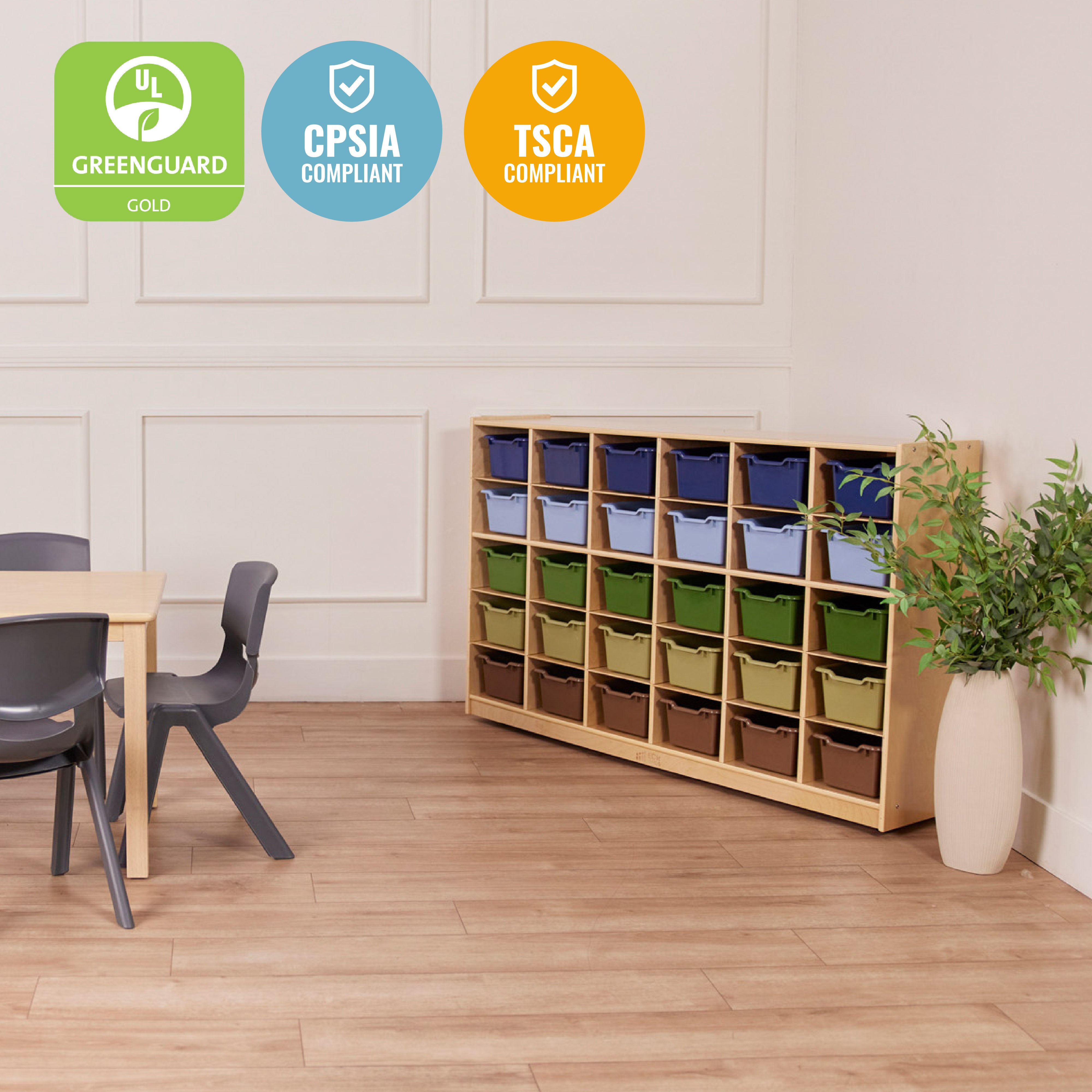 30 Cubby Mobile Tray Cabinet with 30 Scoop Front Storage Bins, 5x6, Natural