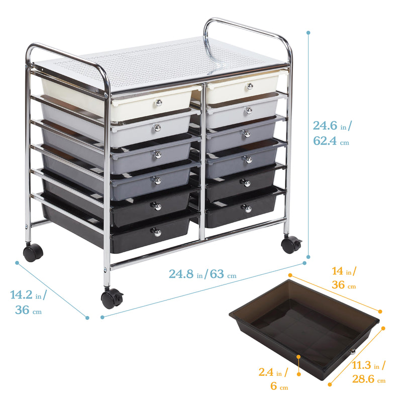 12-Drawer Rolling Storage Cart with Locking Casters, Utility Bin Organizer
