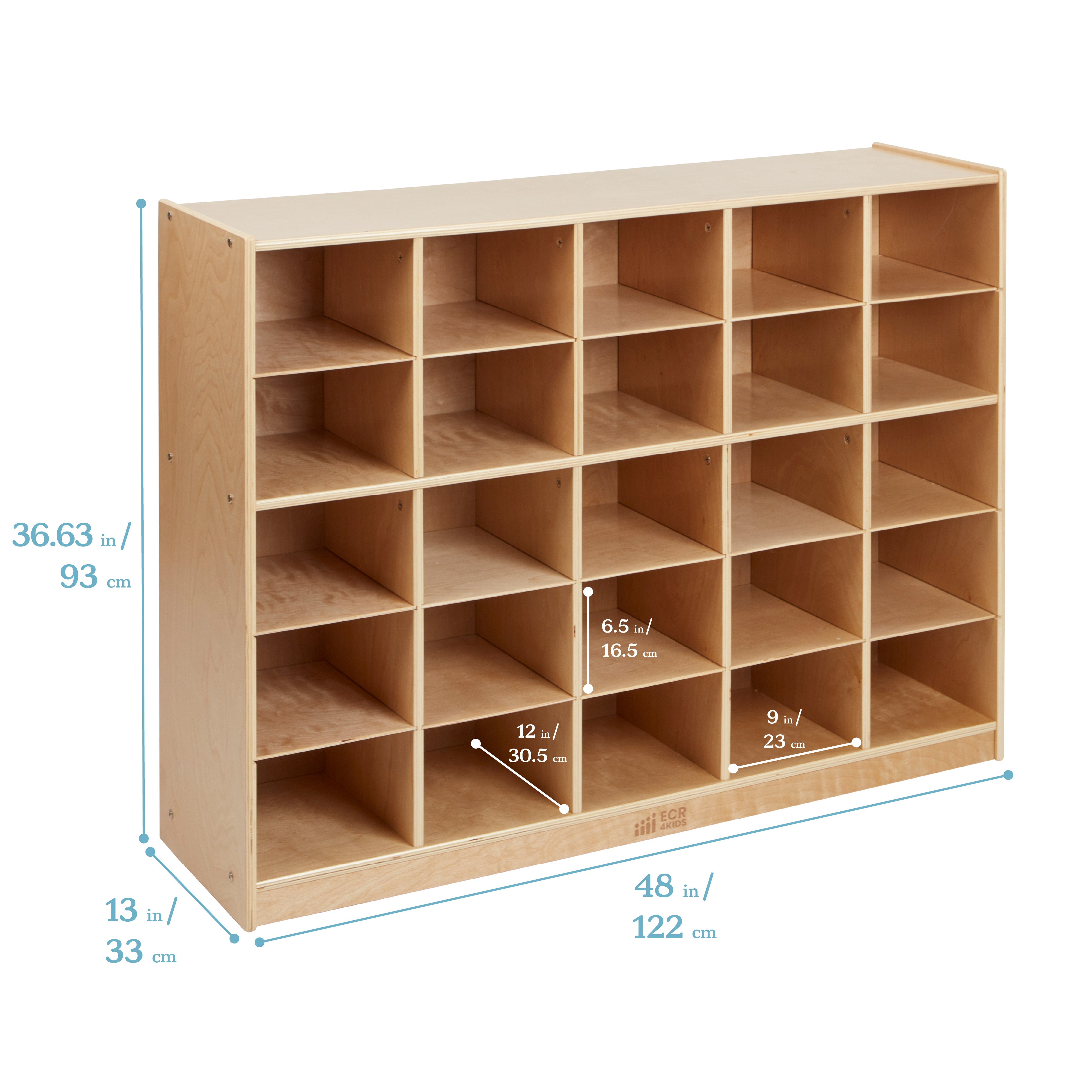 25 Cubby Mobile Tray Cabinet with Scoop Front Storage Bins, Natural, Classroom Furniture