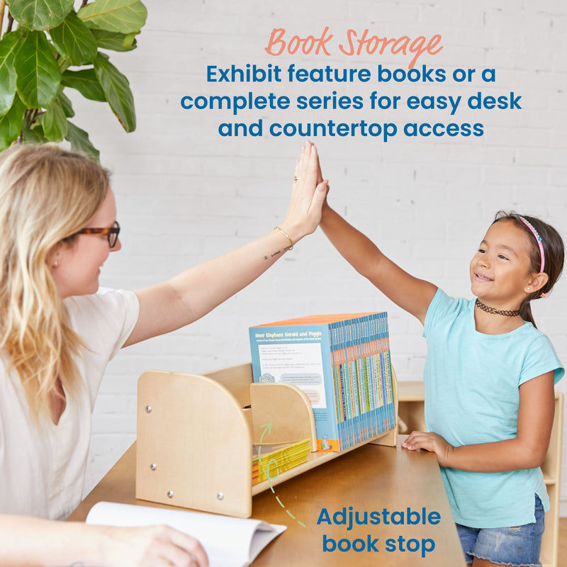 Tabletop Book Display, Library Storage Organizer with Adjustable Book Stop