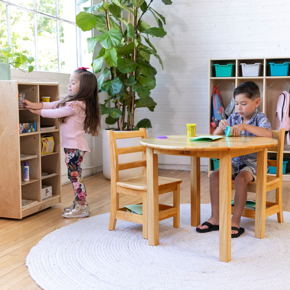 30in Round Hardwood Table and Two Chairs with Storage, 12in Seat Height, 3-Piece