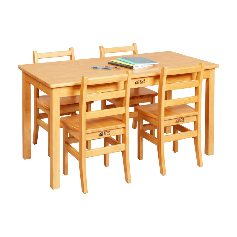24in x 48in Rectangular Hardwood Table with 24in Legs and Four 14in Chairs, Kids Furniture