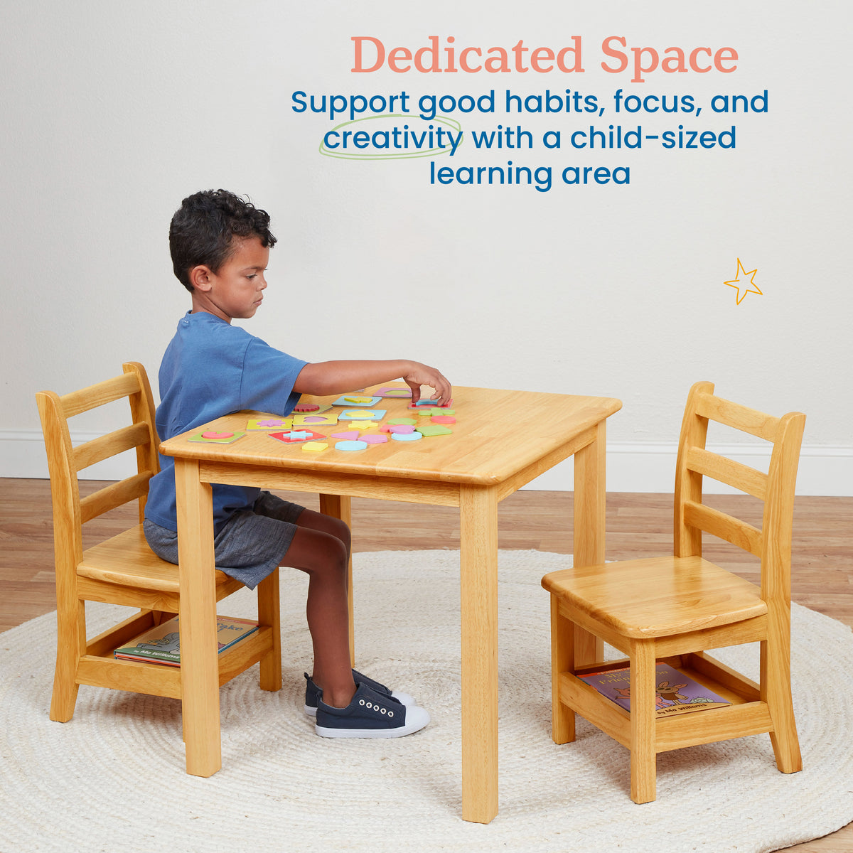 24in Square Hardwood Table and Two Chairs with Storage, 12in Seat Height, 3-Piece