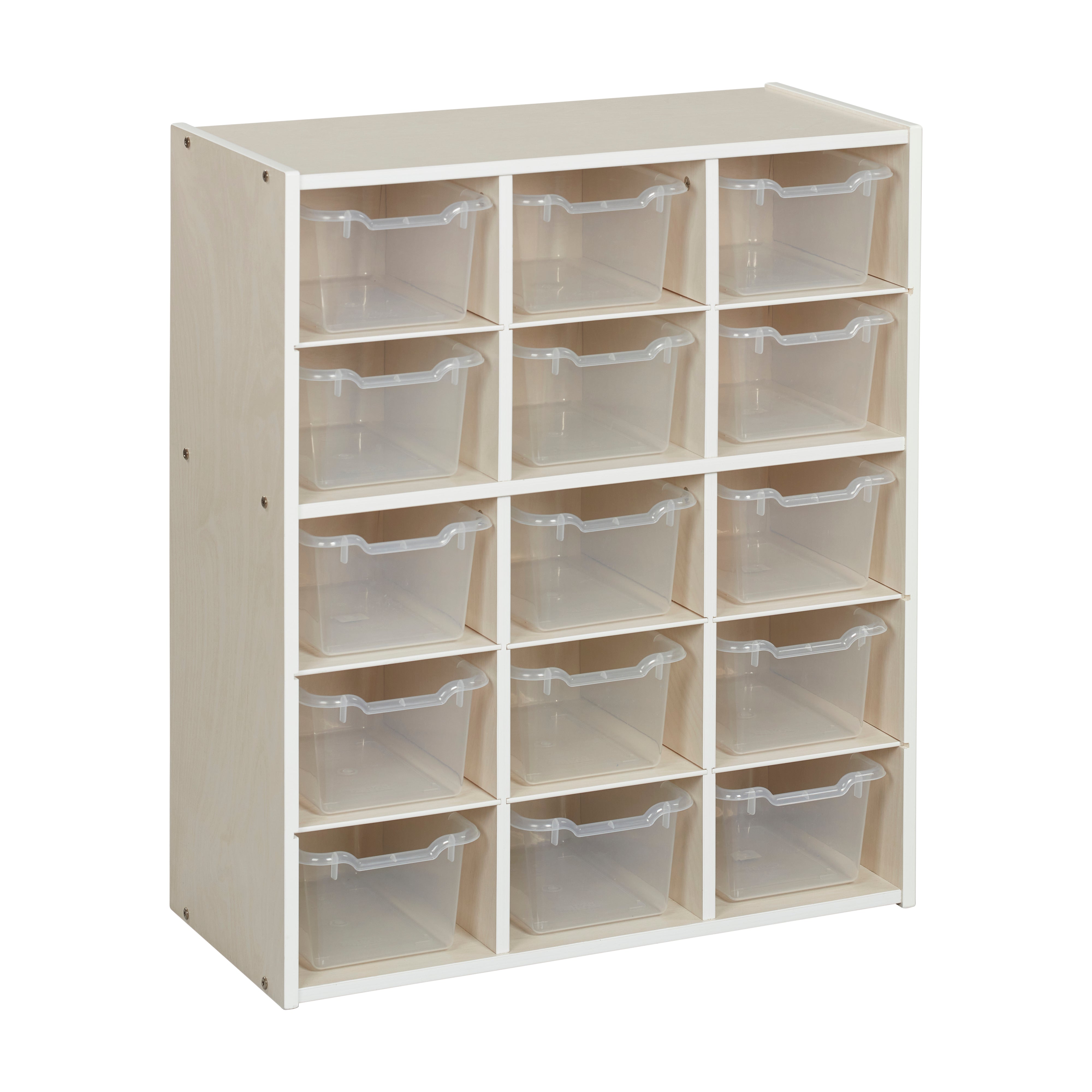 Streamline 15 Cubby Tray Cabinet with 15 Scoop Front Storage Bins, 5x3, White Wash