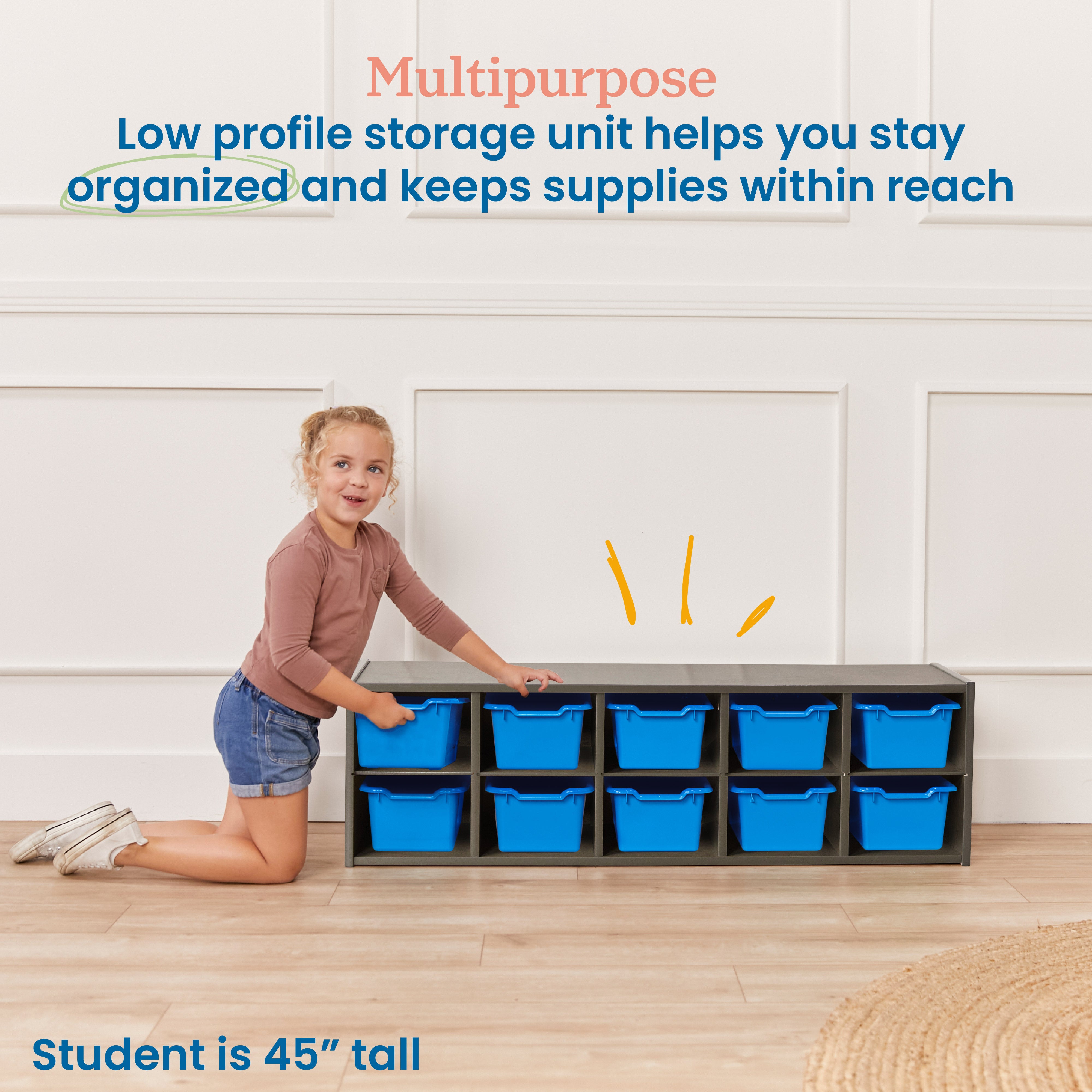 Streamline 10 Cubby Tray Cabinet with 10 Scoop Front Storage Bins, 2x5, Grey Wash