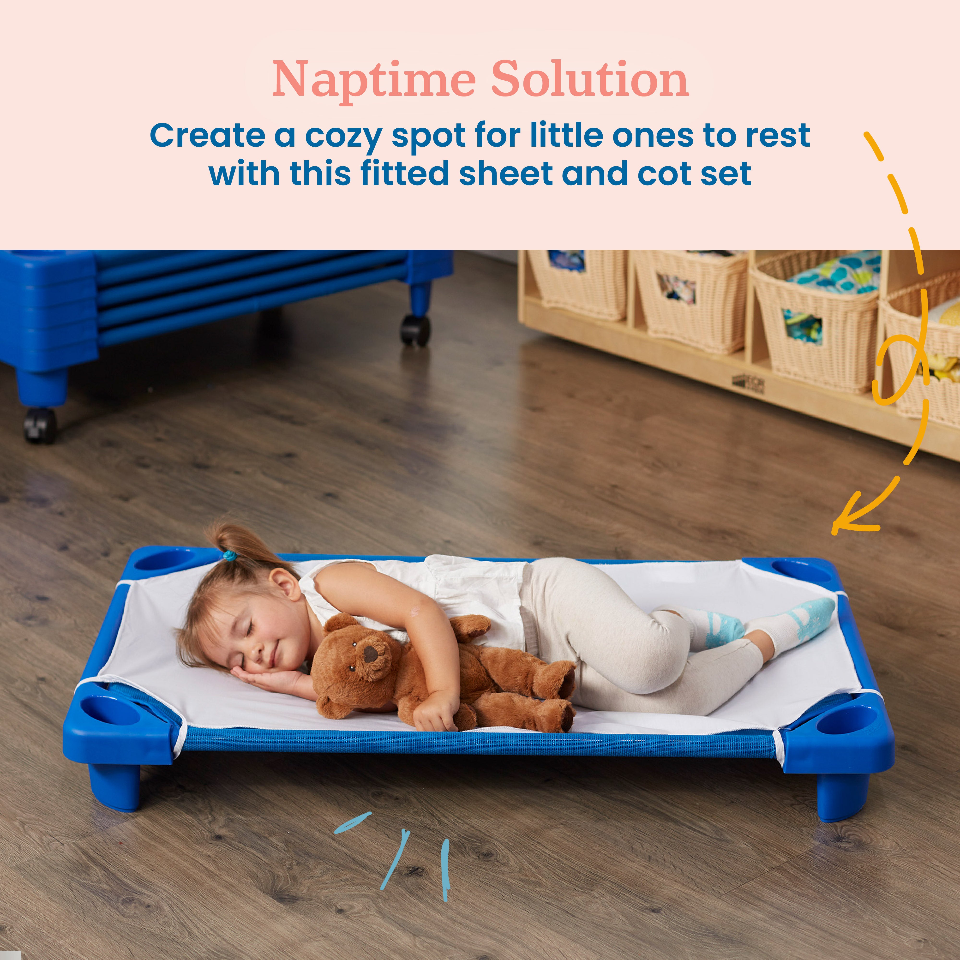 Stackable Kiddie Cot with Sheets, Toddler Size, Ready-to-Assemble, 6-Pack - Blue