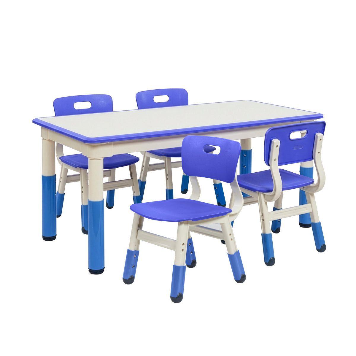 Rectangular table with white dry-erase top and blue trim, paired with four blue chairs featuring white frames and carry handl
