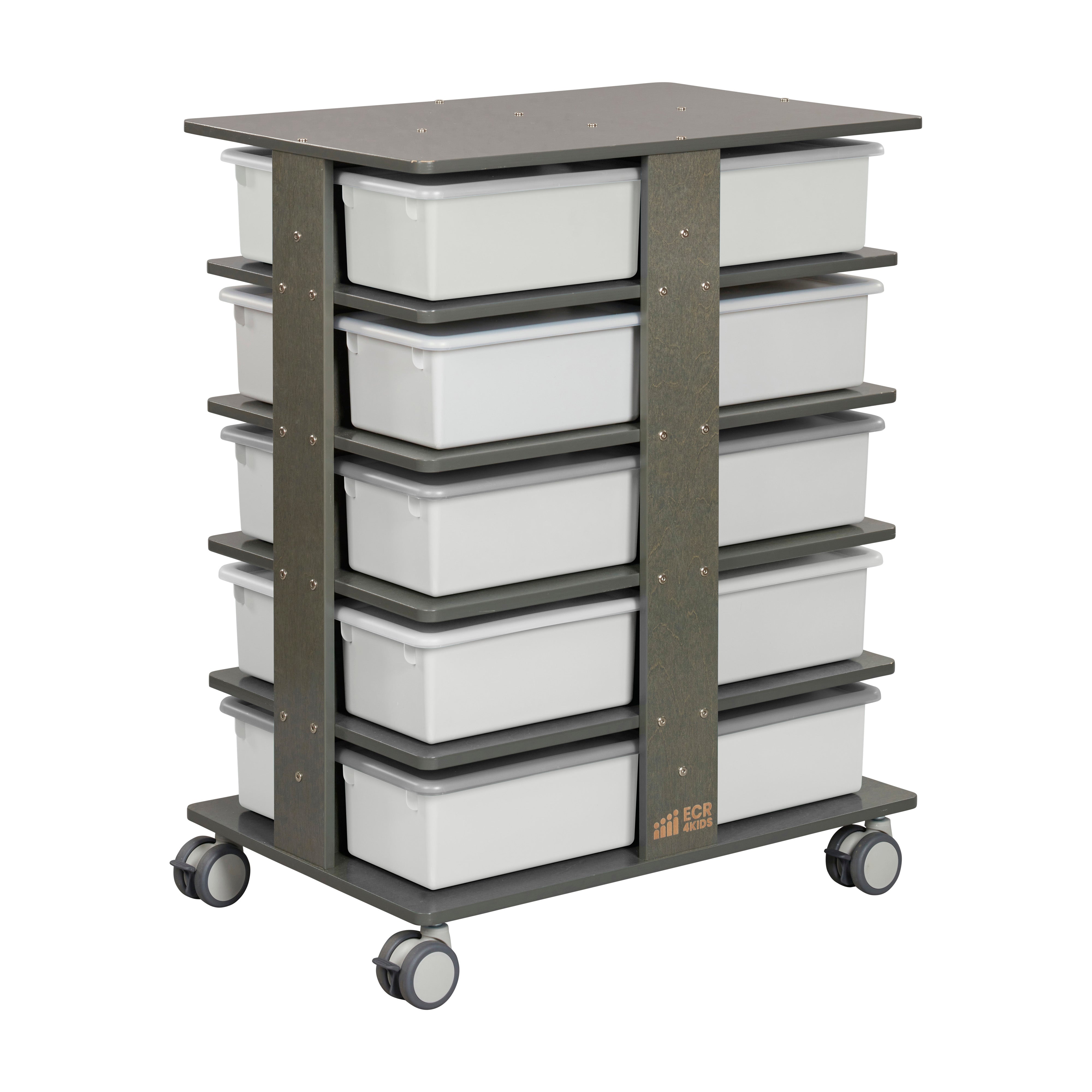 20-Compartment Mobile Storage Tower with Cubby Bins with Lids, 5x4, Grey Wash, Classroom Furniture