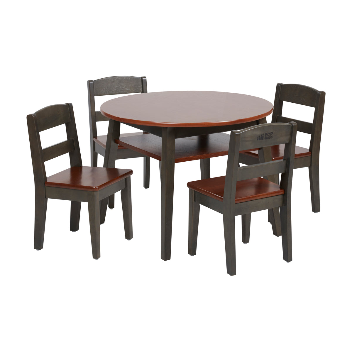 Round table with gray top and dark wood base surrounded by four matching chairs with cutout backs and red-brown seats.