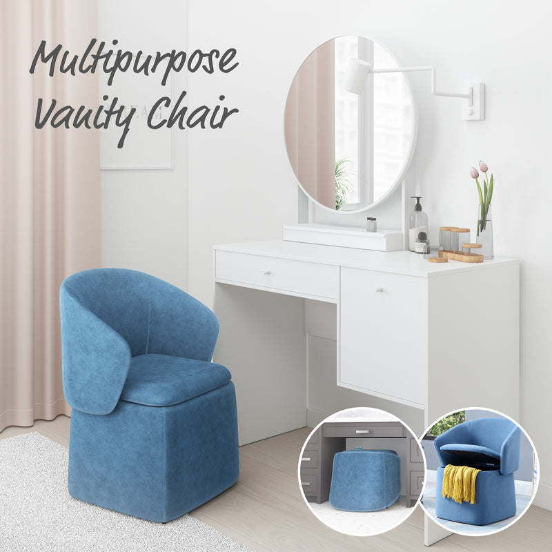 Flip-Back Vanity Stool, Upholstered Ultrasuede Chair with Adjustable Back, Ottoman with Storage