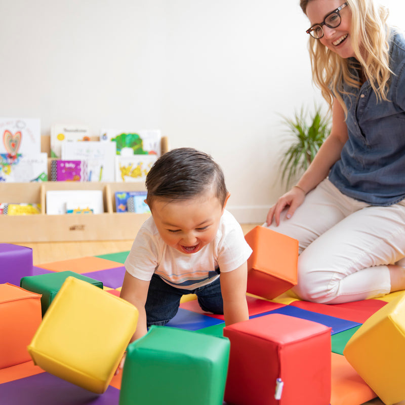 Patchwork Toddler Activity Mat and 12 Stacking Block Set, Tummy Time Foam Pad and Building Blocks