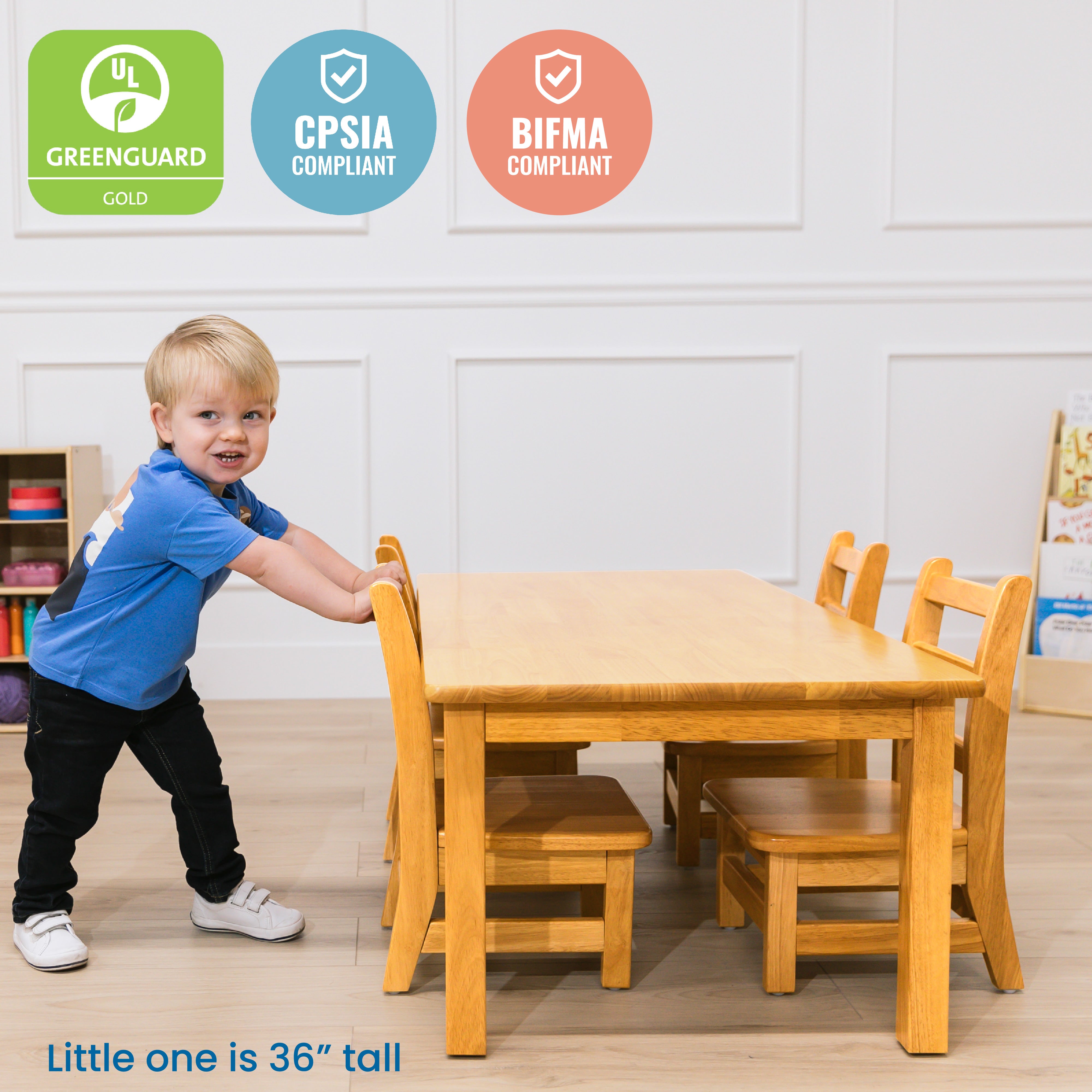 Toddler Classroom Essentials Package with Hardwood Table and Four Chairs, 8in Seat Height